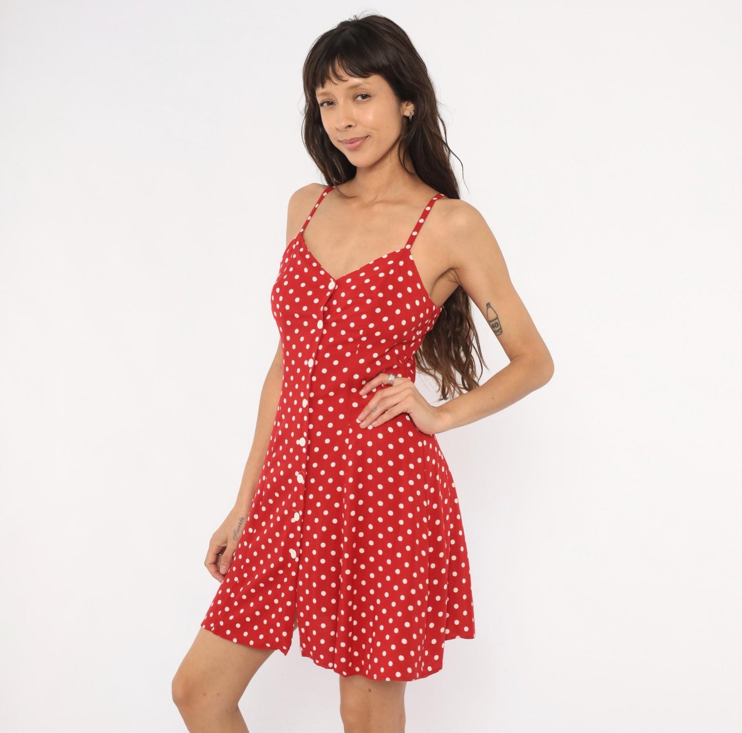 90s Moda INTL Red Polka Dot Sundress Spaghetti Strap V Neck Mini Small S
