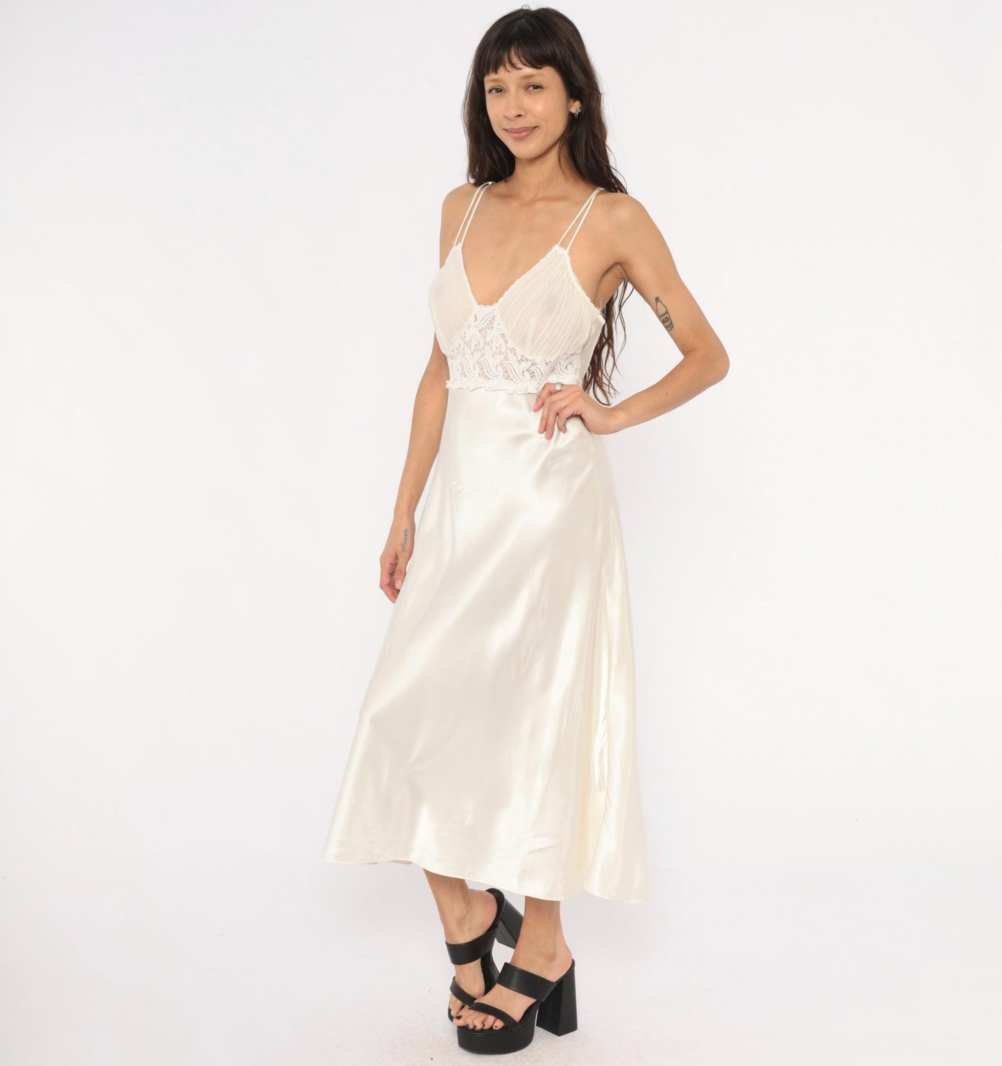 90s Just Flora Cream Satin Slip Dress Midi Lace Pleated Bust V Neck Large L