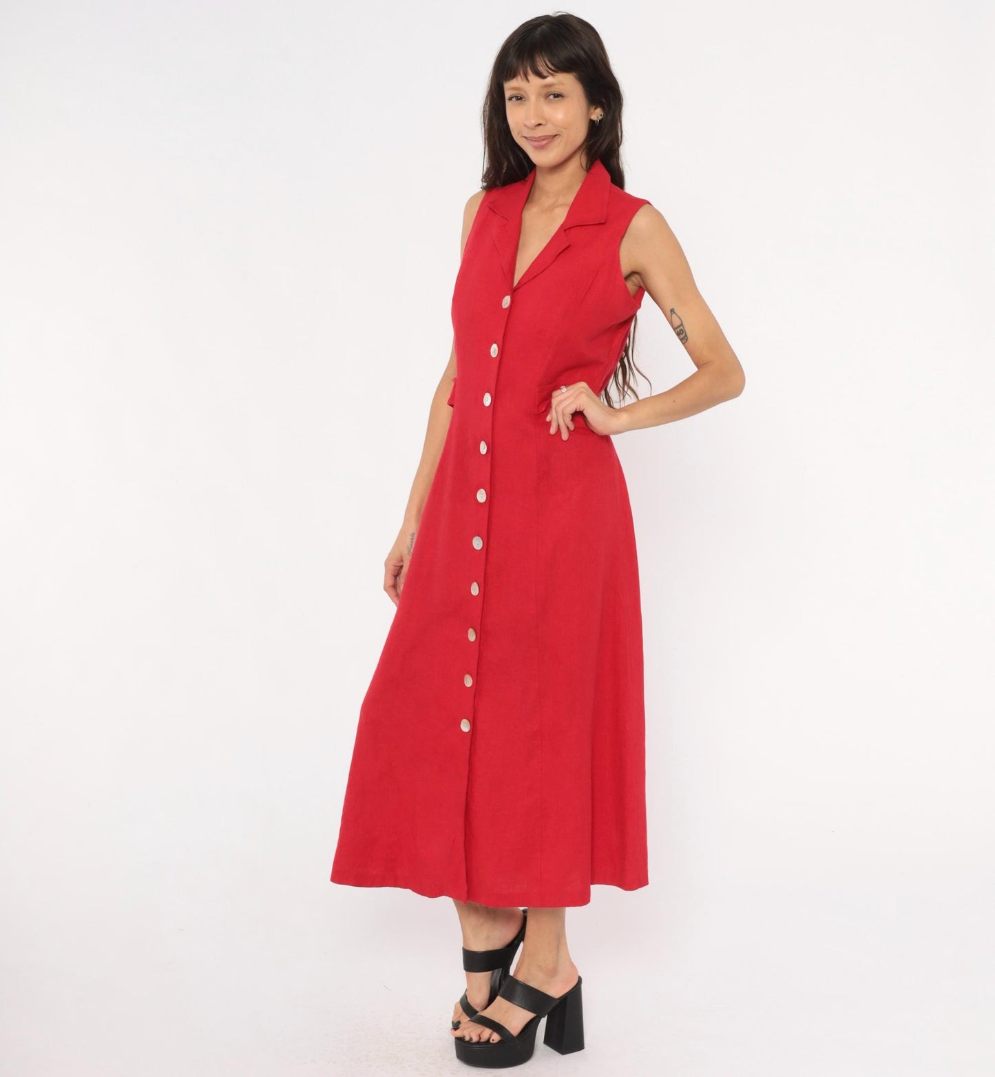 90s Ultra Dress Red Linen Button-Front Maxi Shirtdress Small S