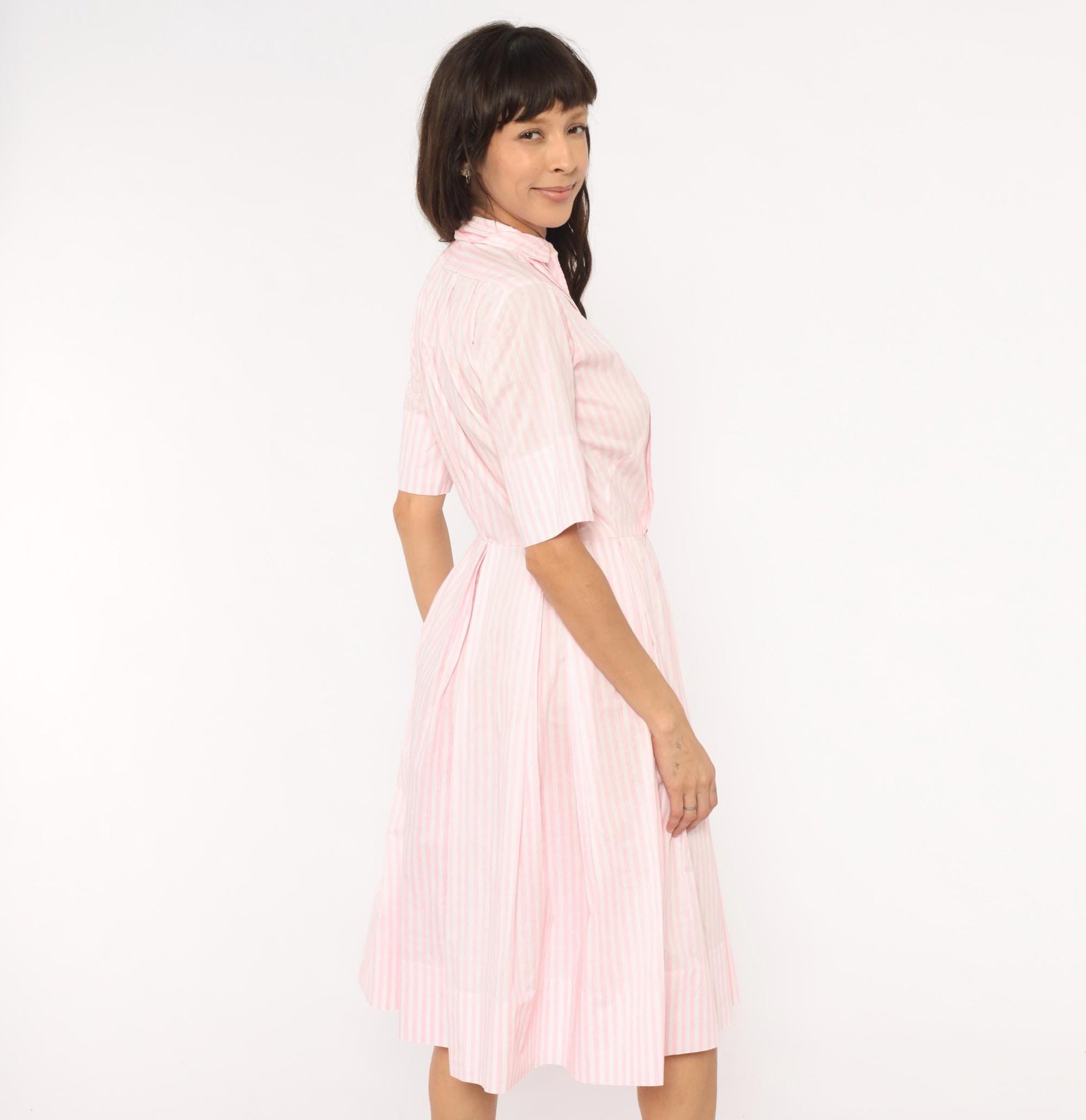60s Pink White Striped Shirtdress Pleated Knee-Length Cotton Small