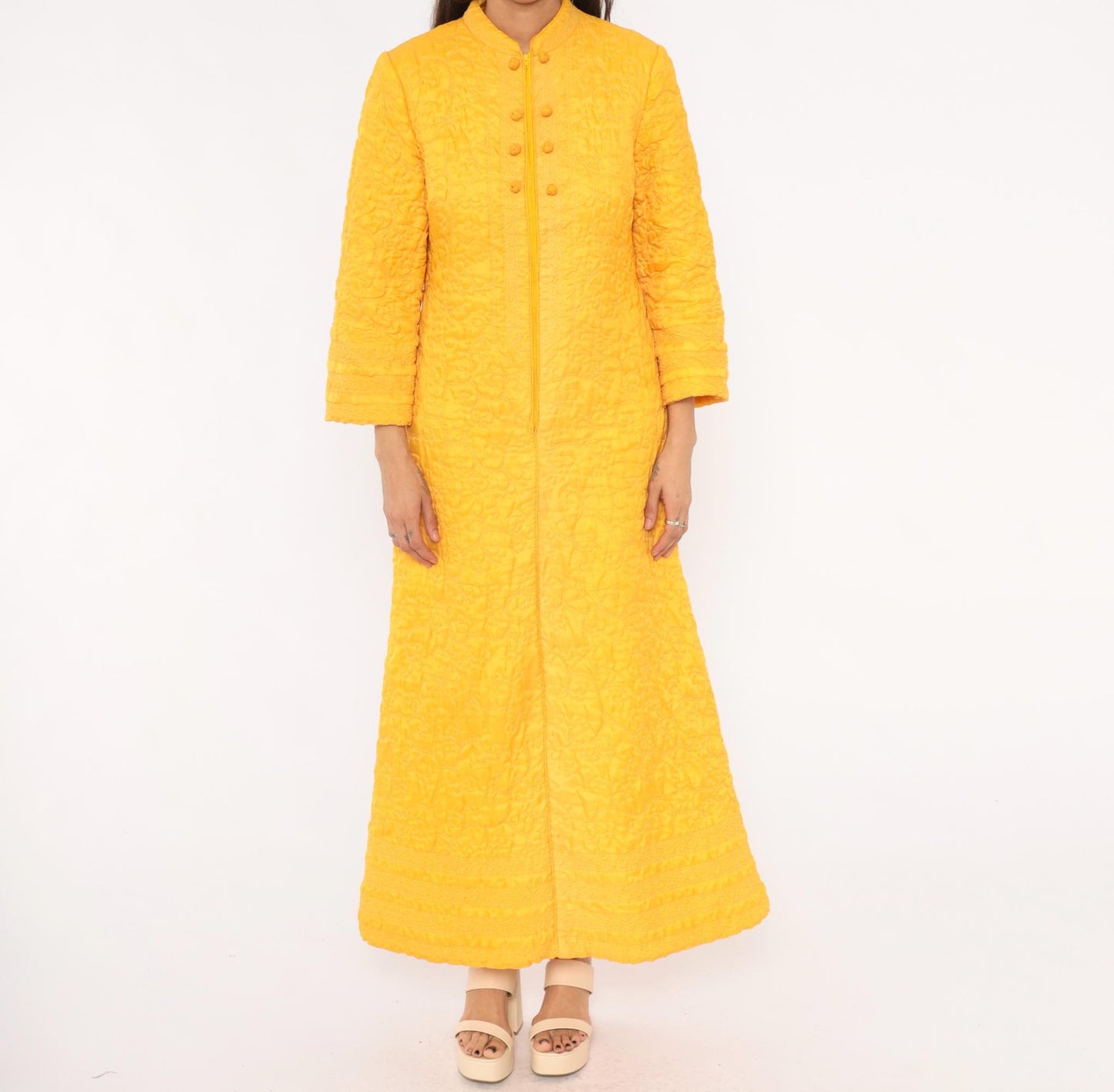 70s Golden Yellow Quilted Maxi Robe Mandarin Collar Floral Embroidered Medium