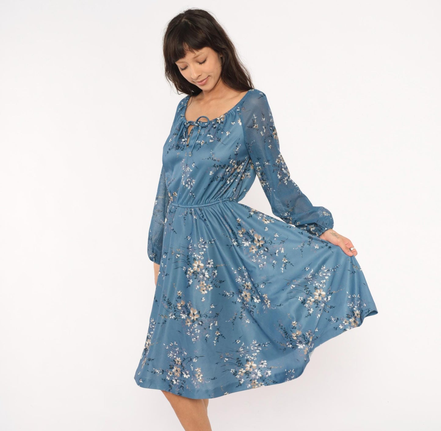 70s Steel Blue Wildflower Peasant Dress Bishop Sleeve Tie Front Knee Length Large L