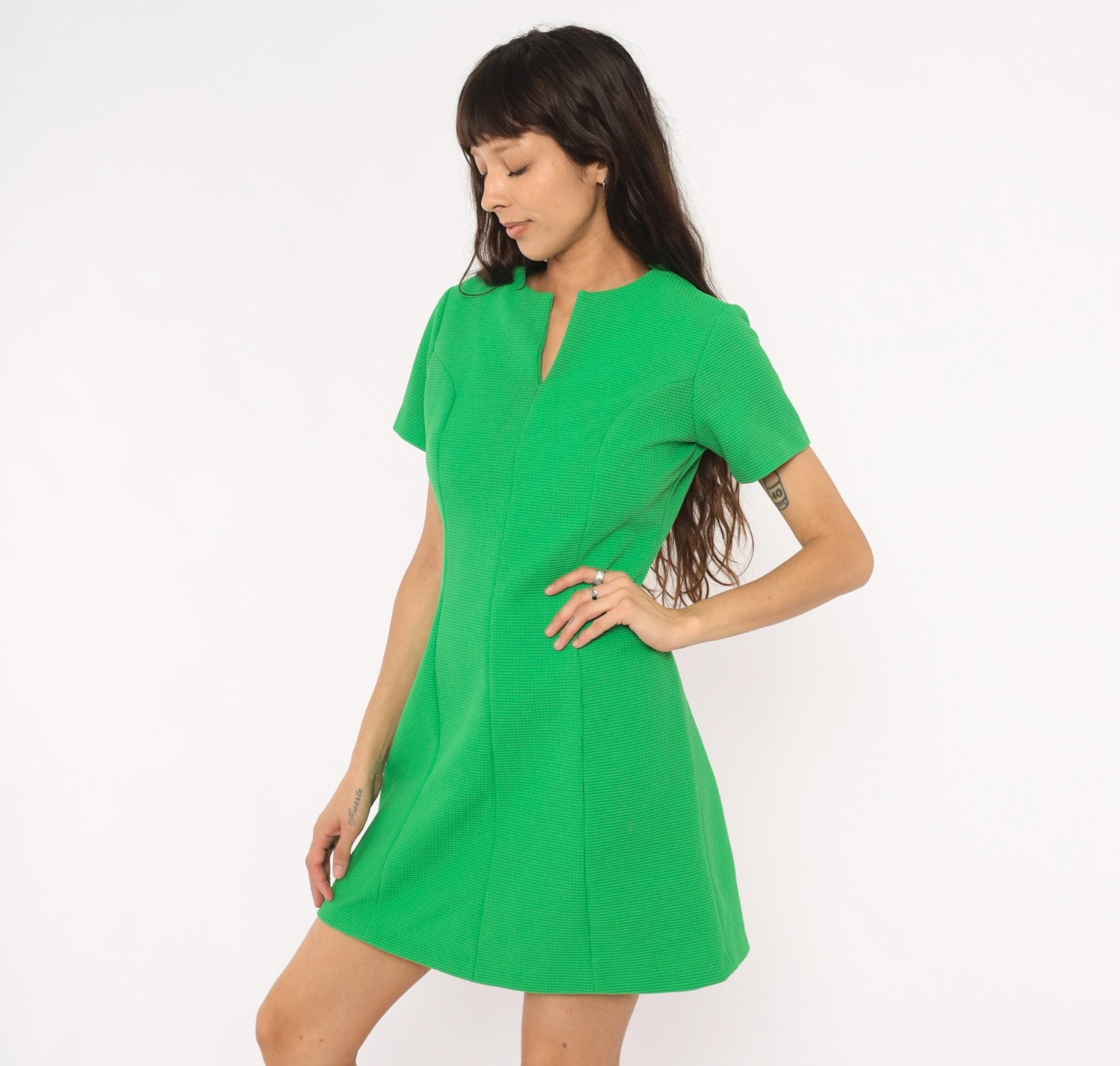 60s Sears Mod Mini Dress Green Shift Waffle Knit Fitted Waist Medium