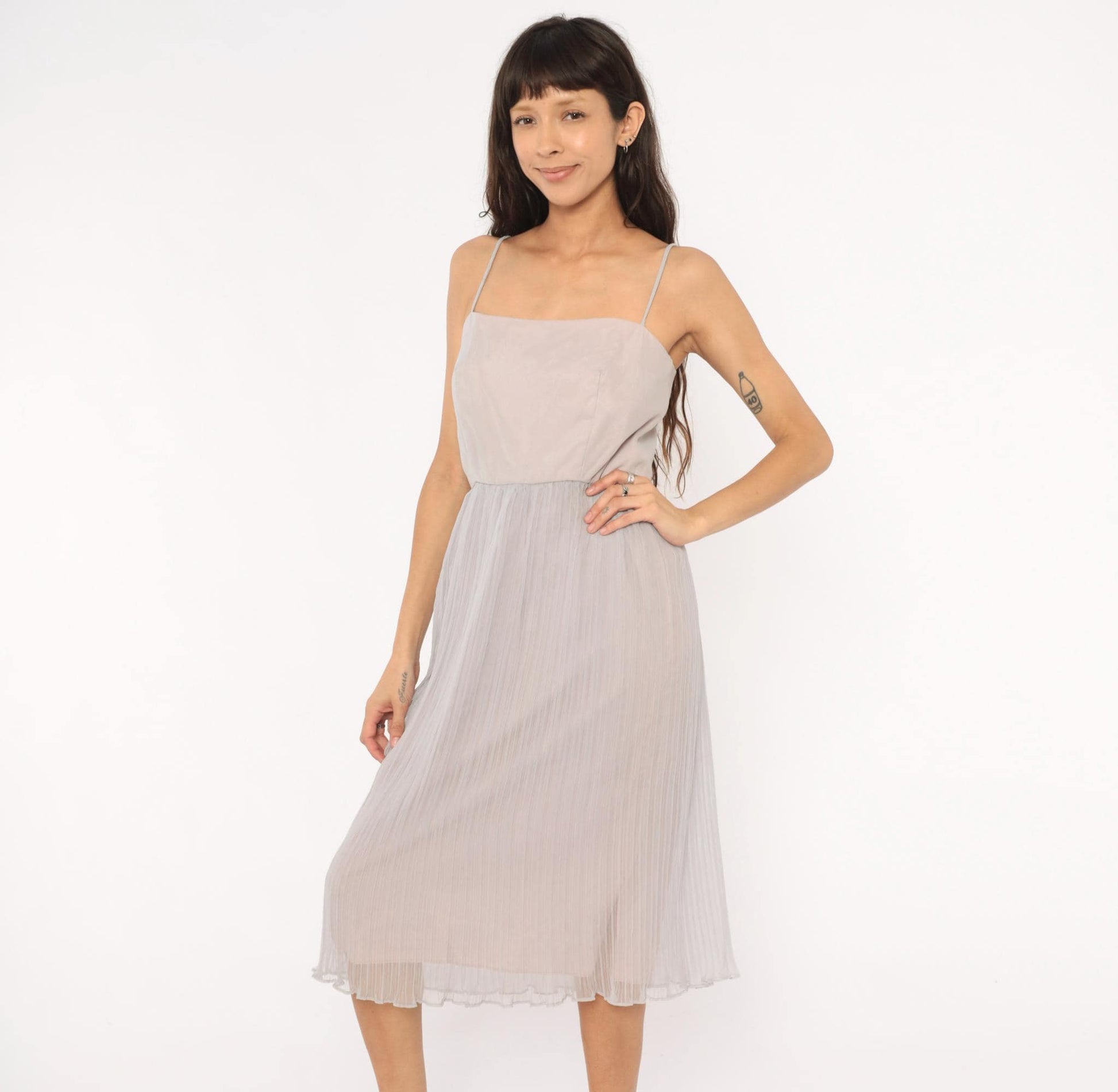 70s Lee Jordan Lavender Midi Dress Square Neck Pleated Chiffon Extra Small XS