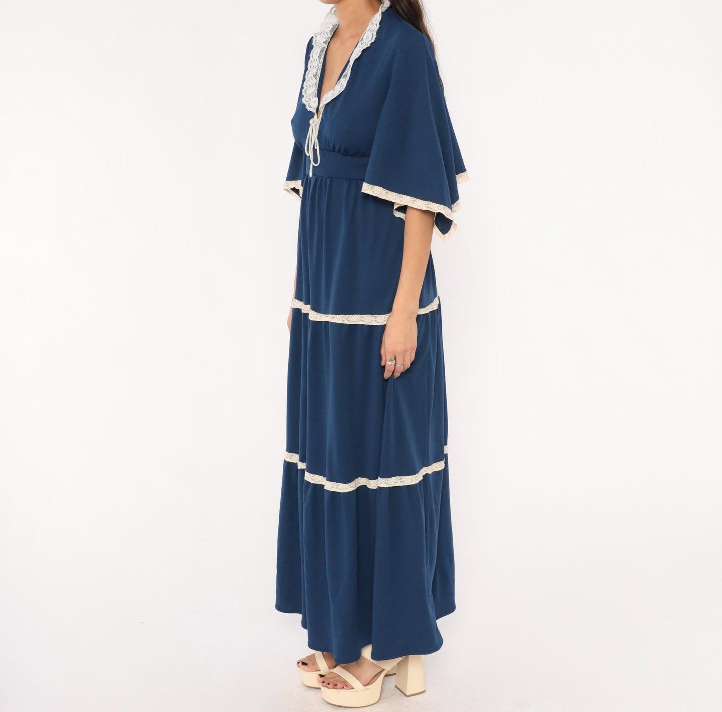 70s Navy Maxi Dress White Lace Trim Bell Sleeve Empire Waist Tiered Skirt Medium