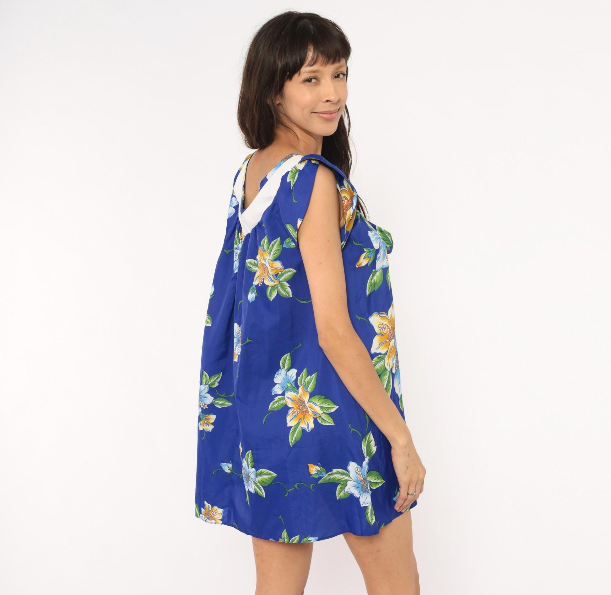 80s Hilo Hatties Hawaiian Floral Mini Dress Cobalt Blue Hibiscus Small S
