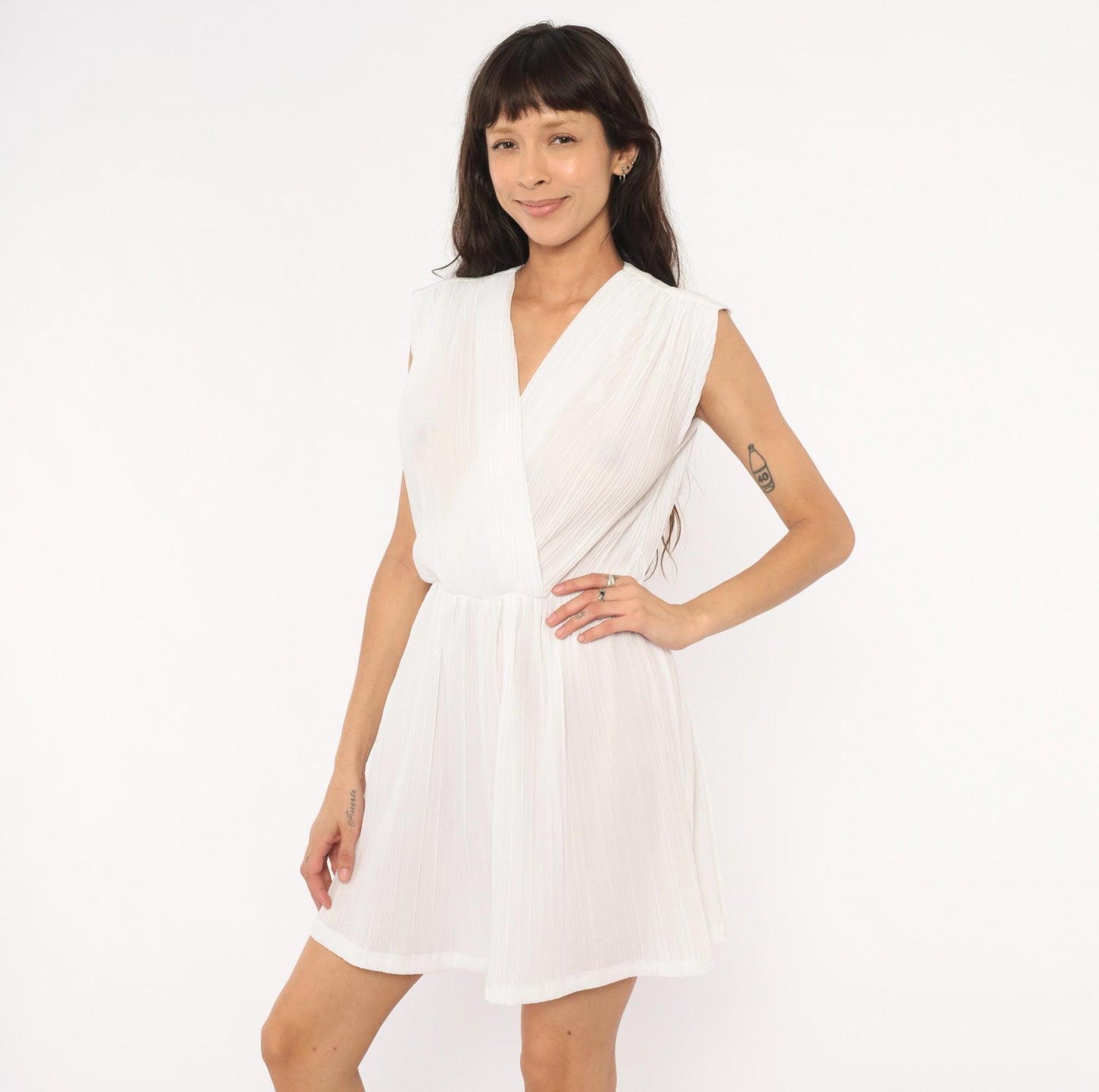 80s Jenny White Pleated Wrap Dress Chiffon V Neck Cap Shoulder Mini Small Medium