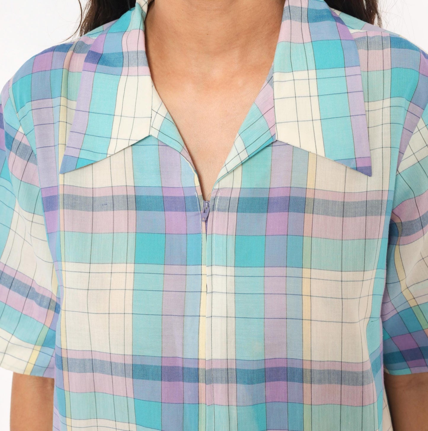 70s Pastel Plaid Zip-Front Housecoat Shift Dress Aqua Purple Knee Length Extra Large