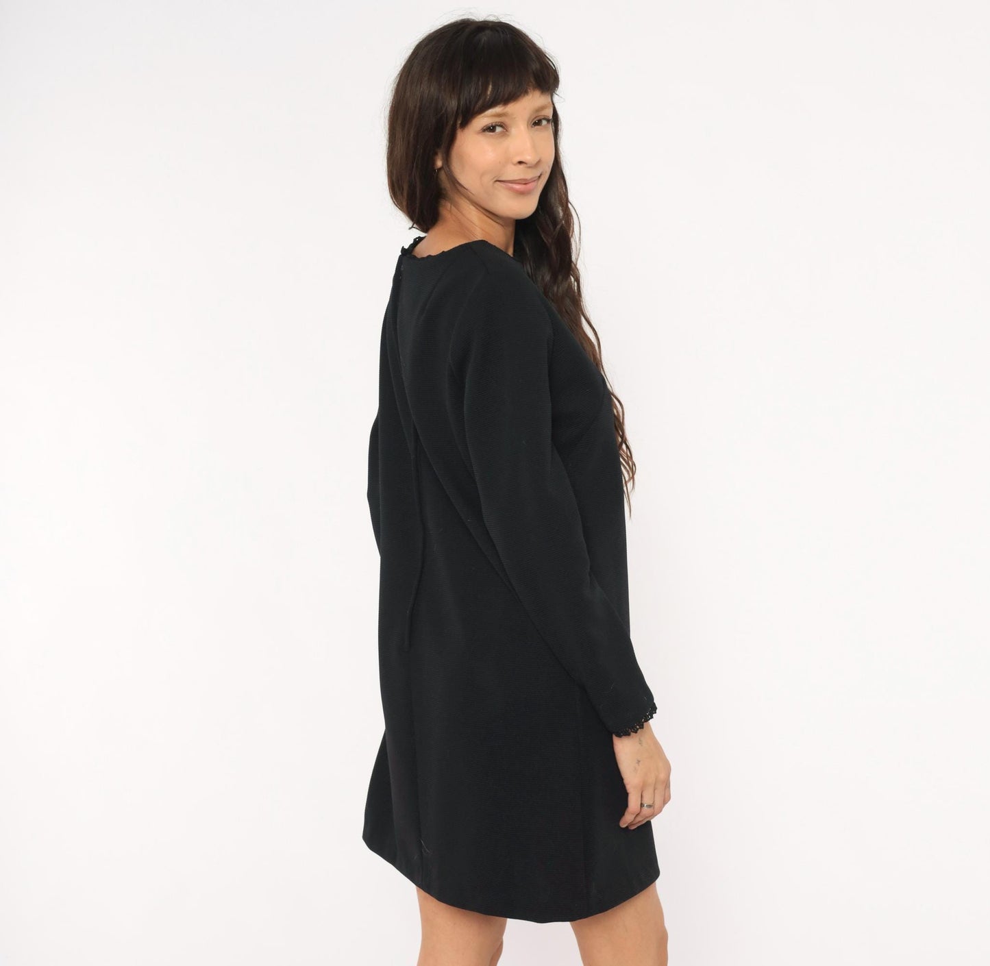 70s Meg Madison Black Shift Dress Lace Trim Long Sleeve Mini Crew Neck Large L