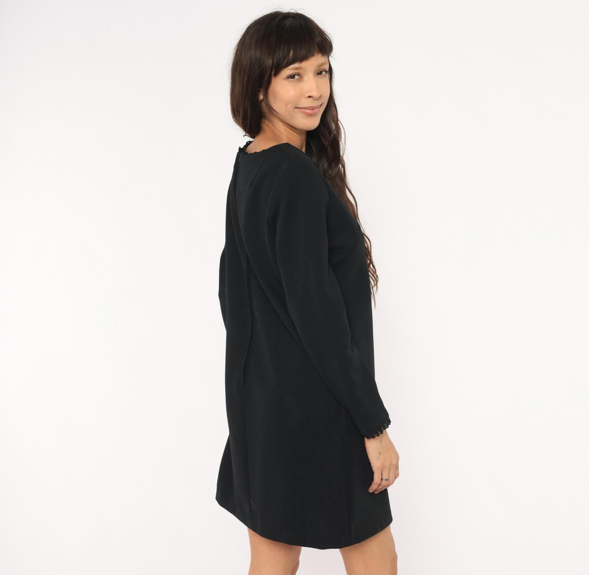 70s Meg Madison Black Shift Dress Lace Trim Long Sleeve Mini Crew Neck Large L