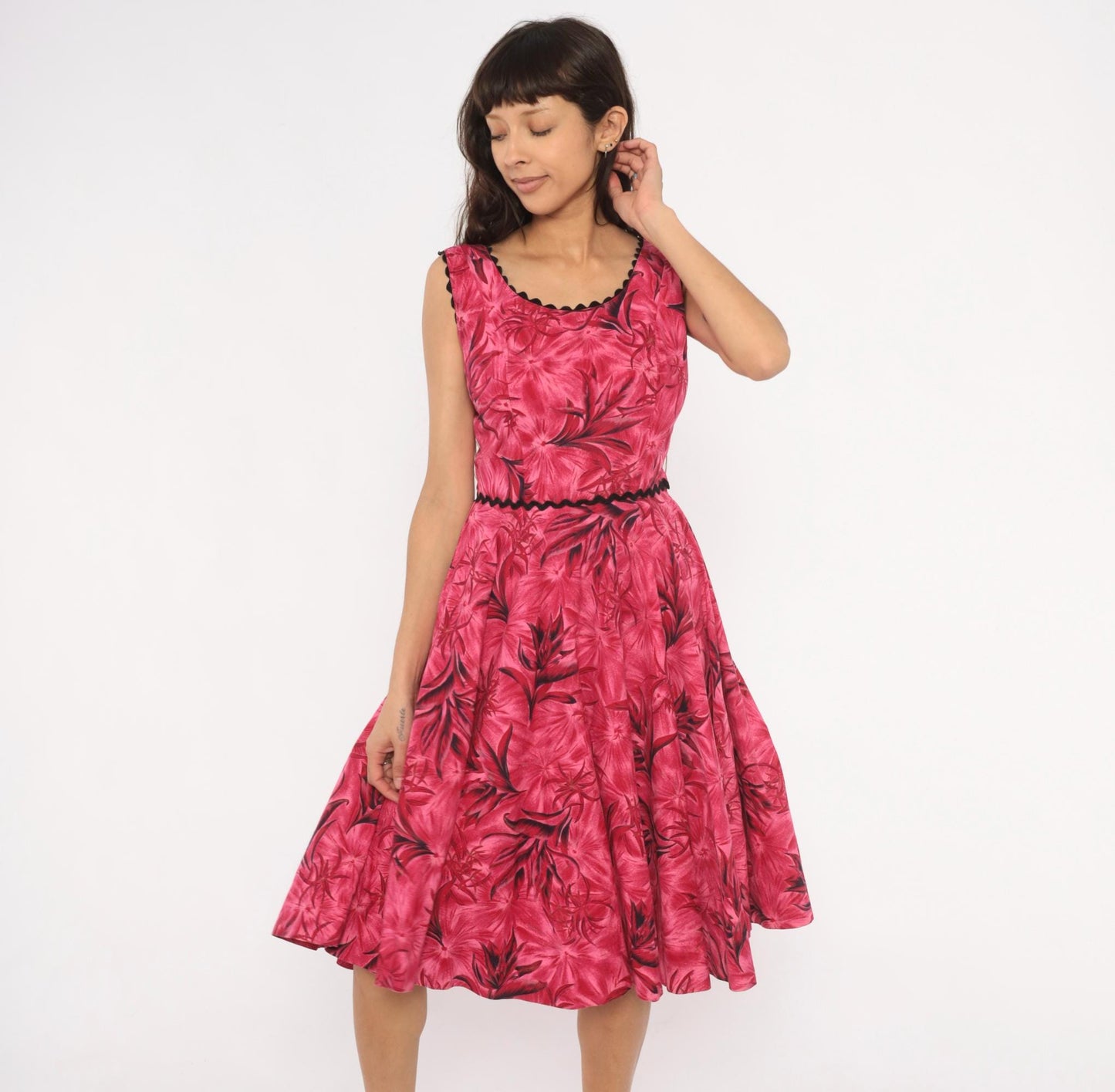 60s Tropical Floral A-Line Dress Pink Black Ric Rac Cotton Small