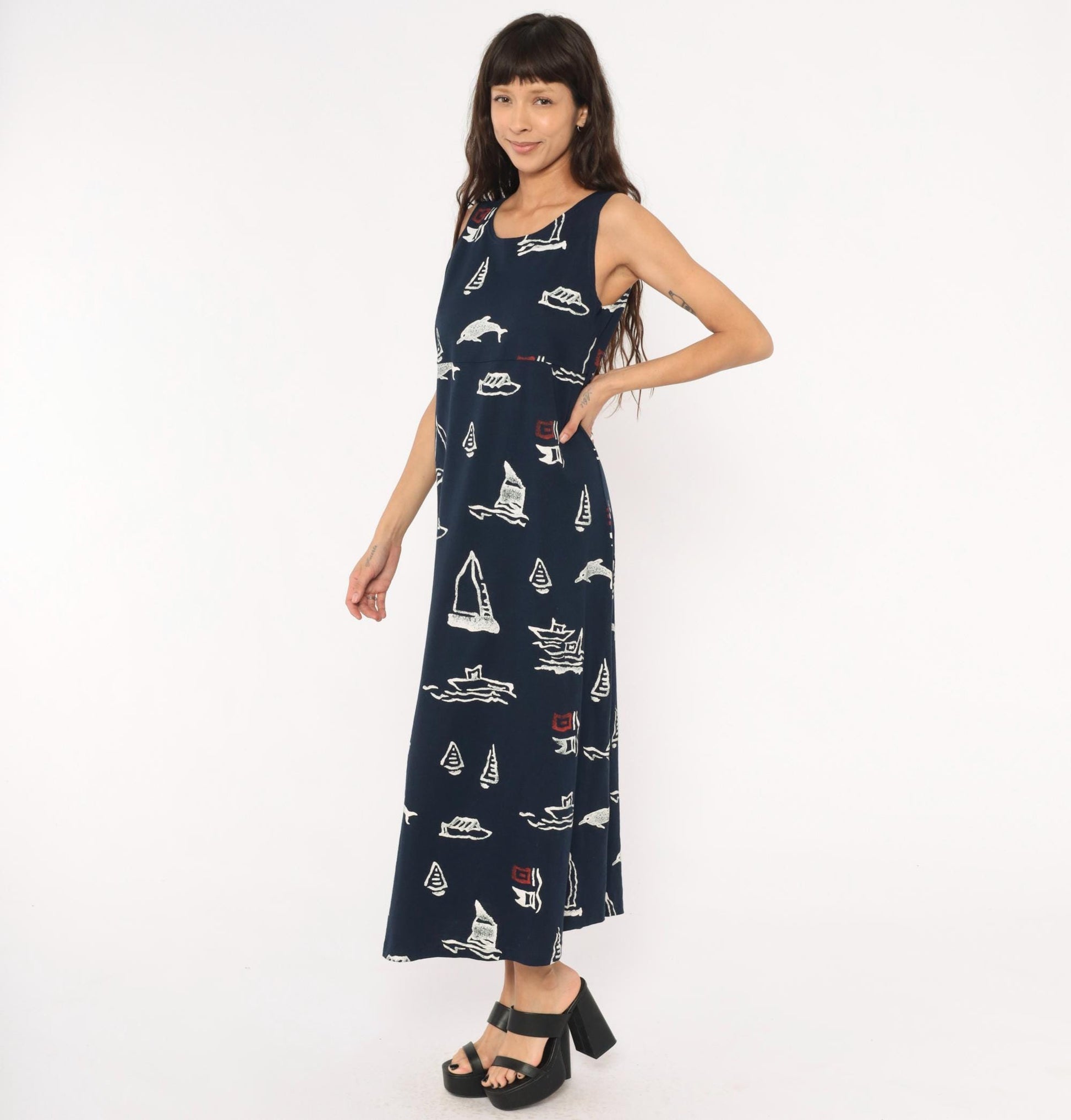 90s Copa Cabana Navy Nautical Maxi Dress Sailboat Dolphin Print Medium