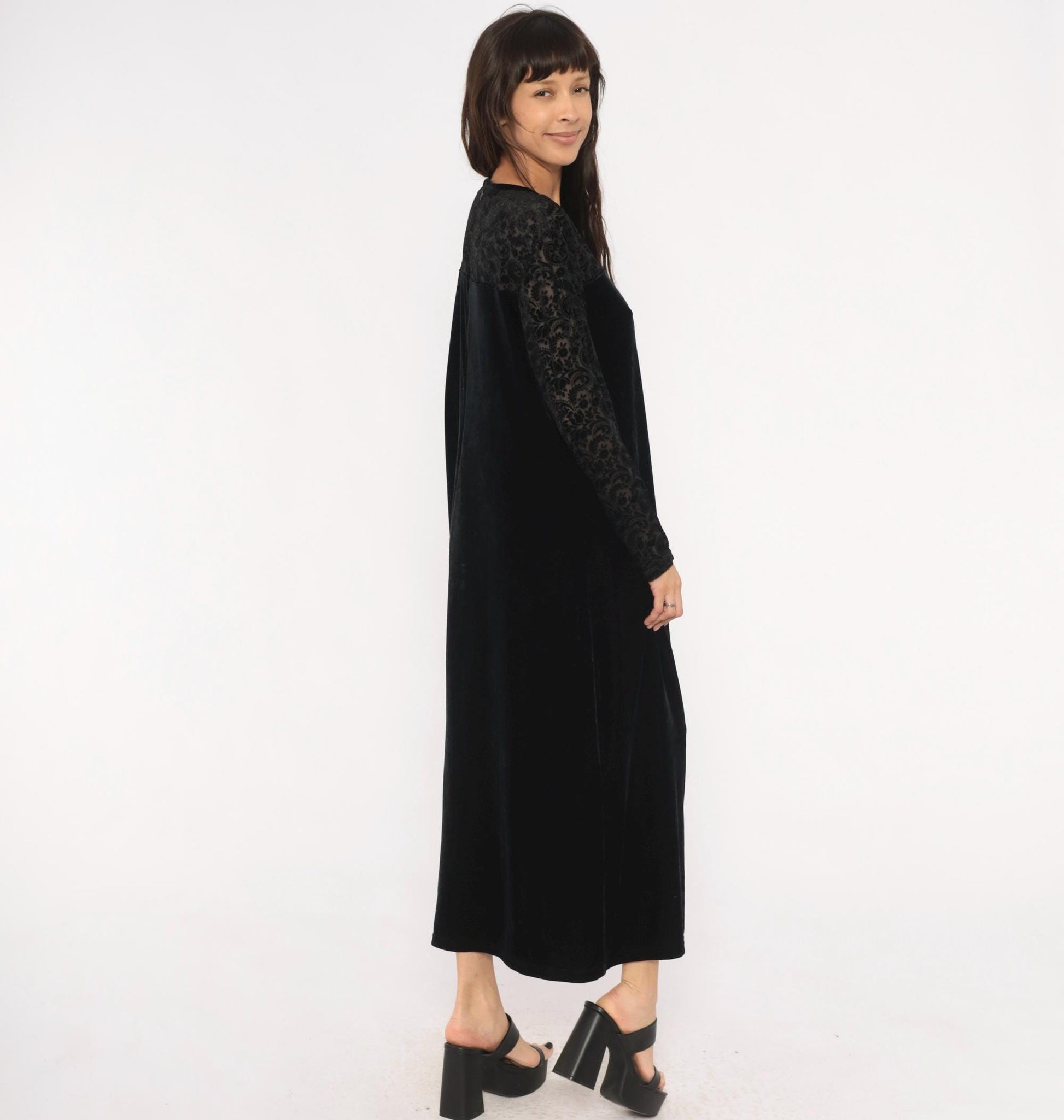 90s Jacqueline Ferrar Black Velvet Maxi Dress Lace Sleeve Gothic Gown Extra Extra Large XXL