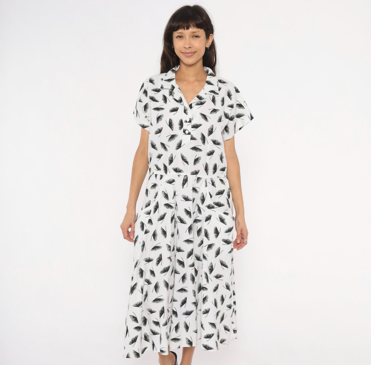 80s Lady Carol Feather Print Shirtdress White Black Cotton Midi Large L