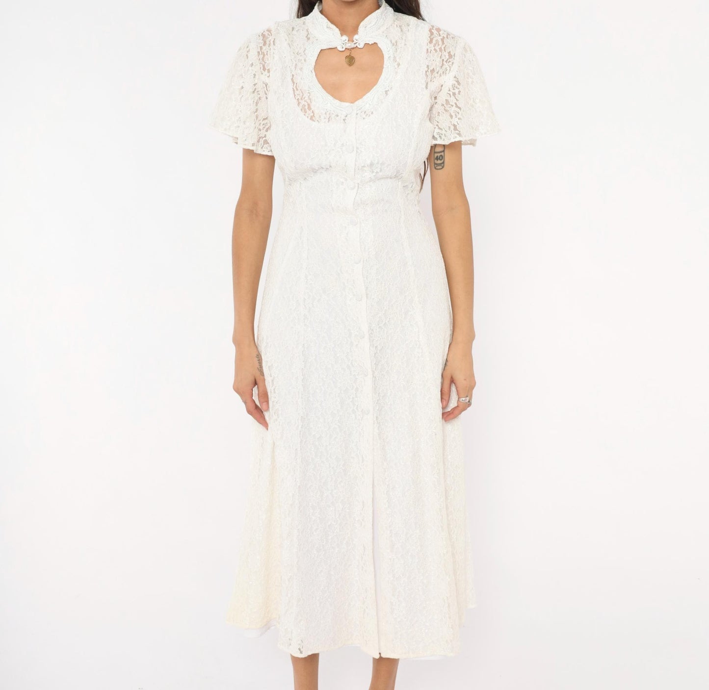 90s Jody White Lace Midi Dress Heart Cutout Mandarin Collar Small