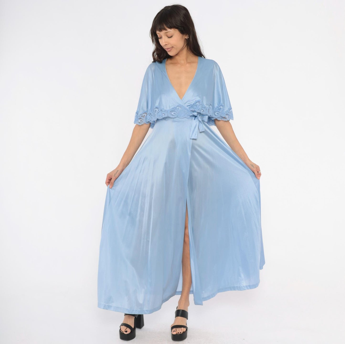 70s Lily of France Powder Blue Maxi Robe Wrap Nylon Lace Trim Small S