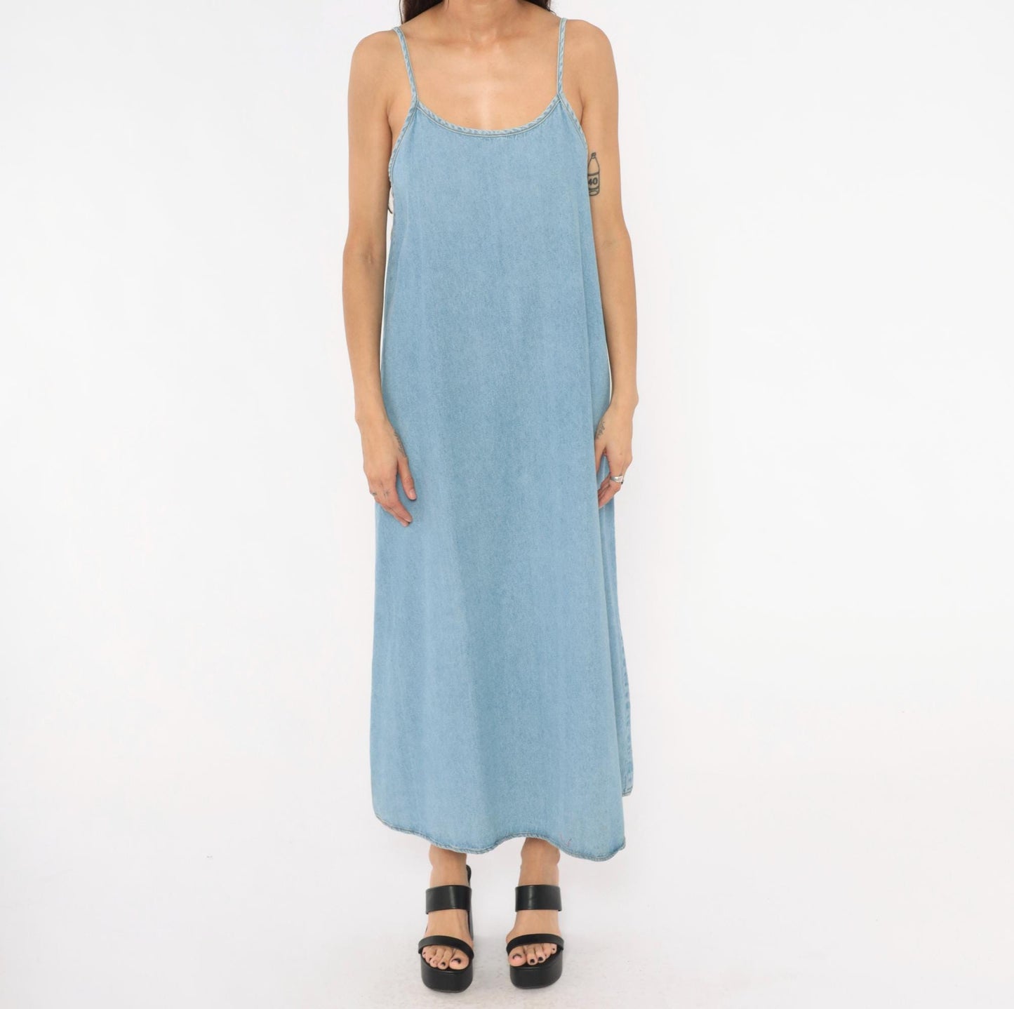 90s Kathie Lee Light Wash Denim Maxi Slip Dress Spaghetti Strap Medium
