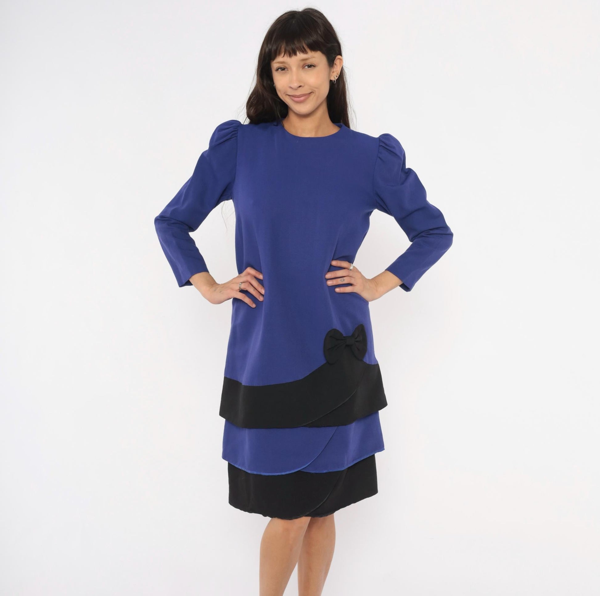 90s A Pea In The Pod Puff Sleeve Dress Purple Black Bow Knee Length Medium