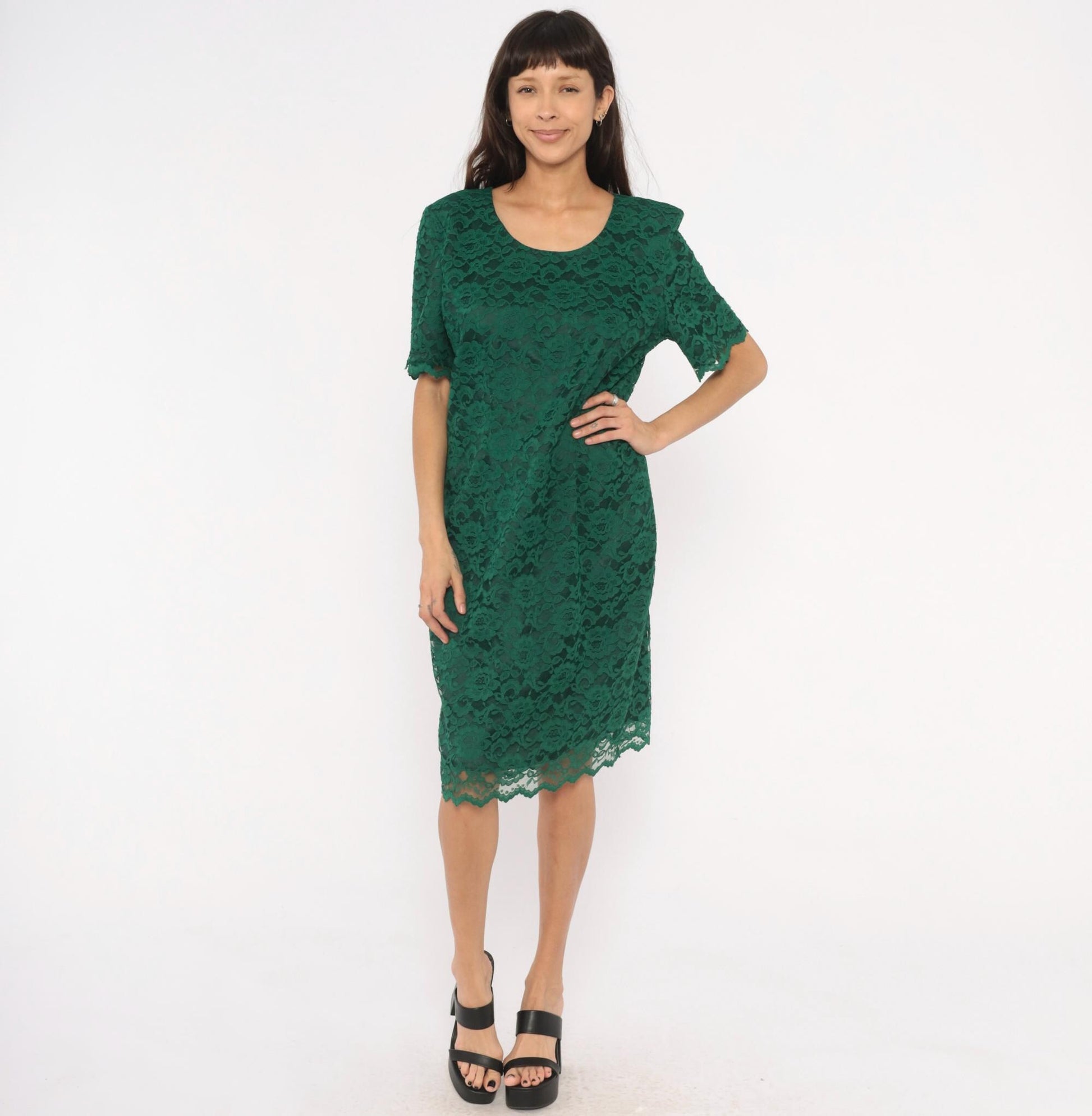 90s My Michelle Emerald Lace Dress Scalloped Hem Short Sleeve Knee-Length Extra Large