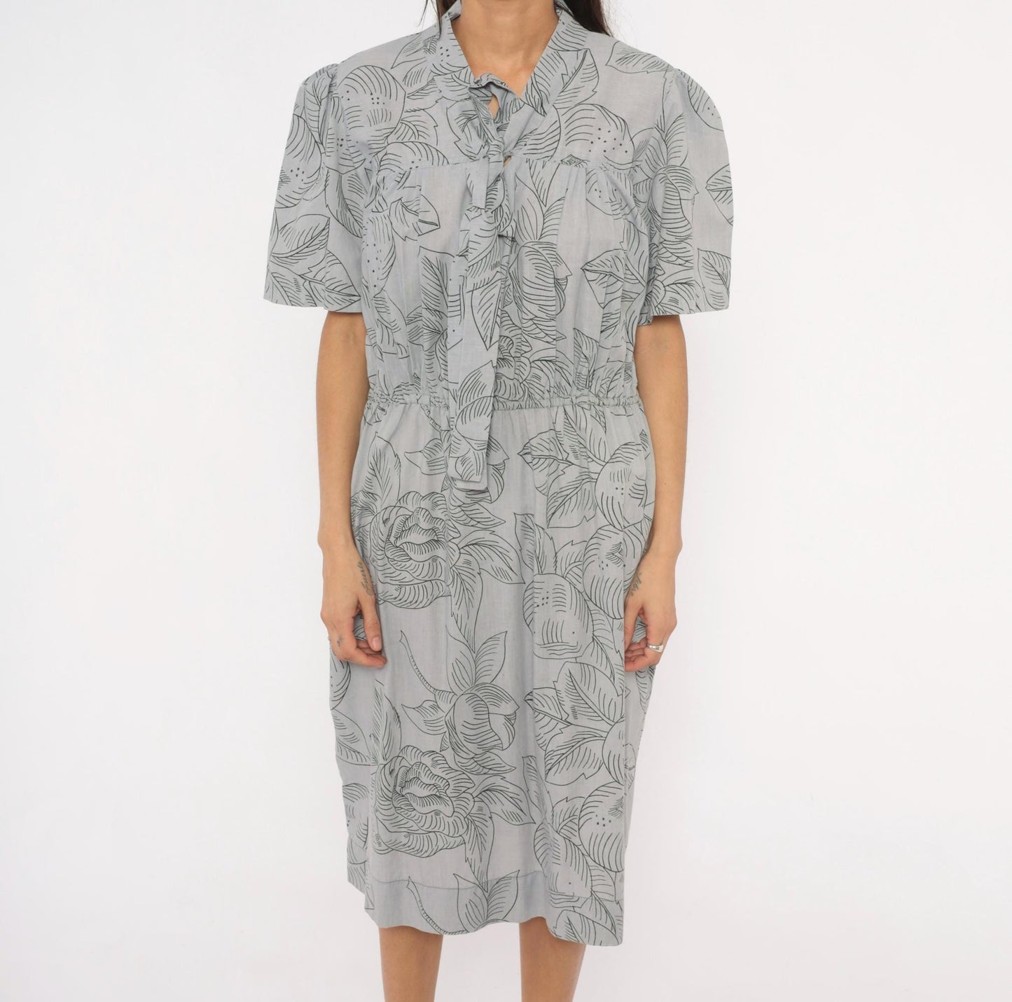 80s Botanical Leaf Print Grey Cotton Tie Neck Dress Puff Sleeve Small Medium