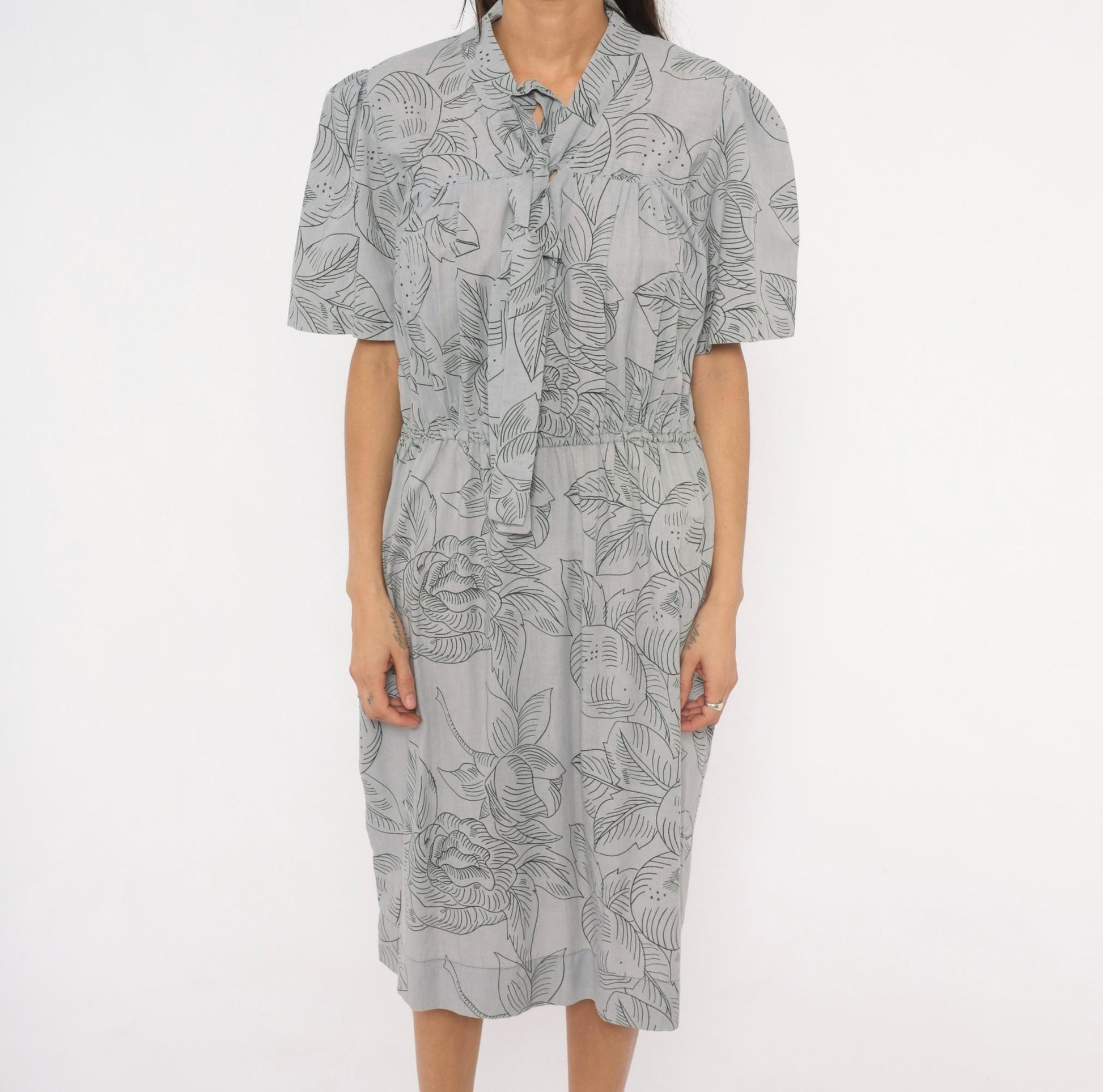80s Botanical Leaf Print Grey Cotton Tie Neck Dress Puff Sleeve Small Medium