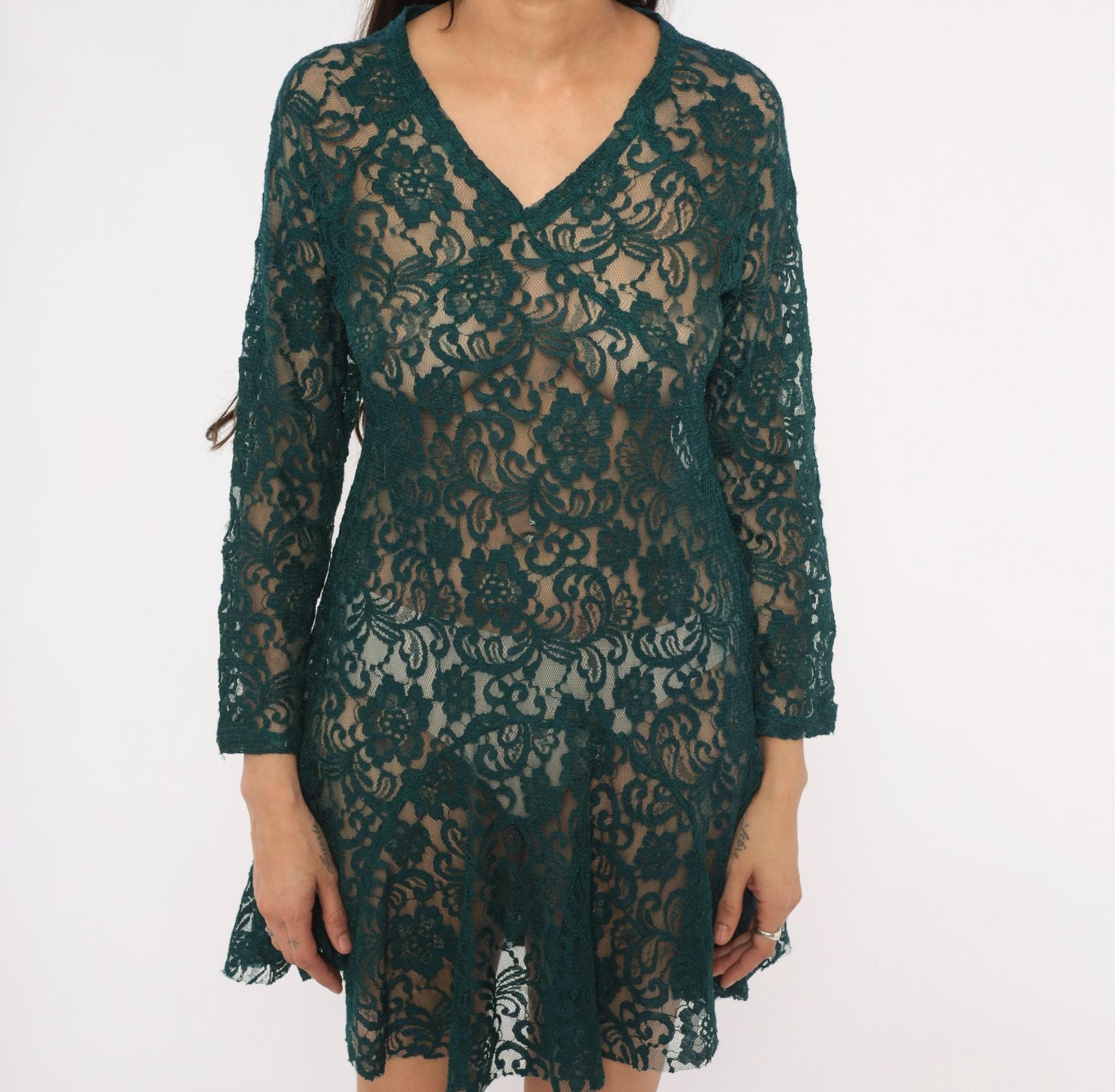 90s Adore Forest Green Lace Mini Dress V Neck Long Sleeve A Line Medium M