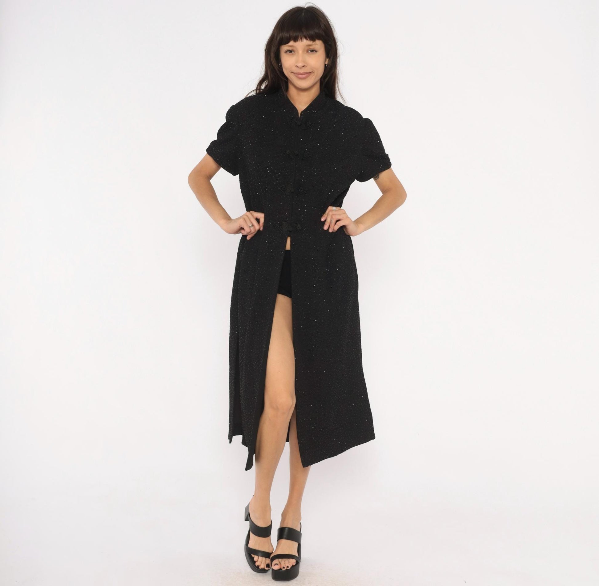 90s R&M Richards Black Glitter Cheongsam Midi Dress Frog Closure Mandarin Collar Extra Large