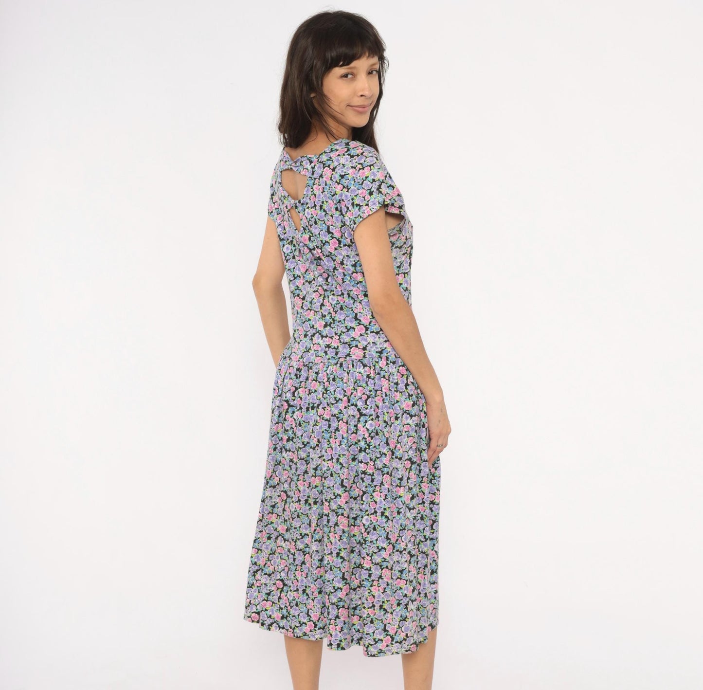 90s Sunshine Starshine Floral Midi Dress Purple Pink Rose Cap Sleeve Large