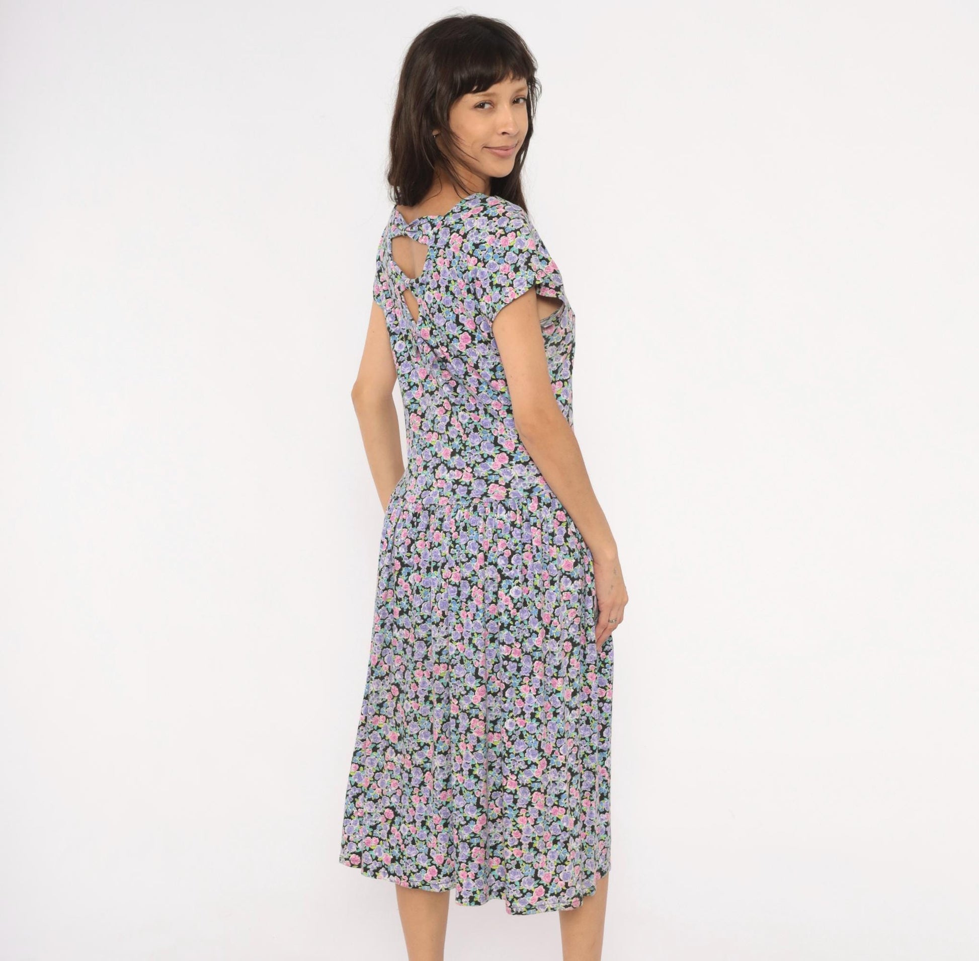 90s Sunshine Starshine Floral Midi Dress Purple Pink Rose Cap Sleeve Large