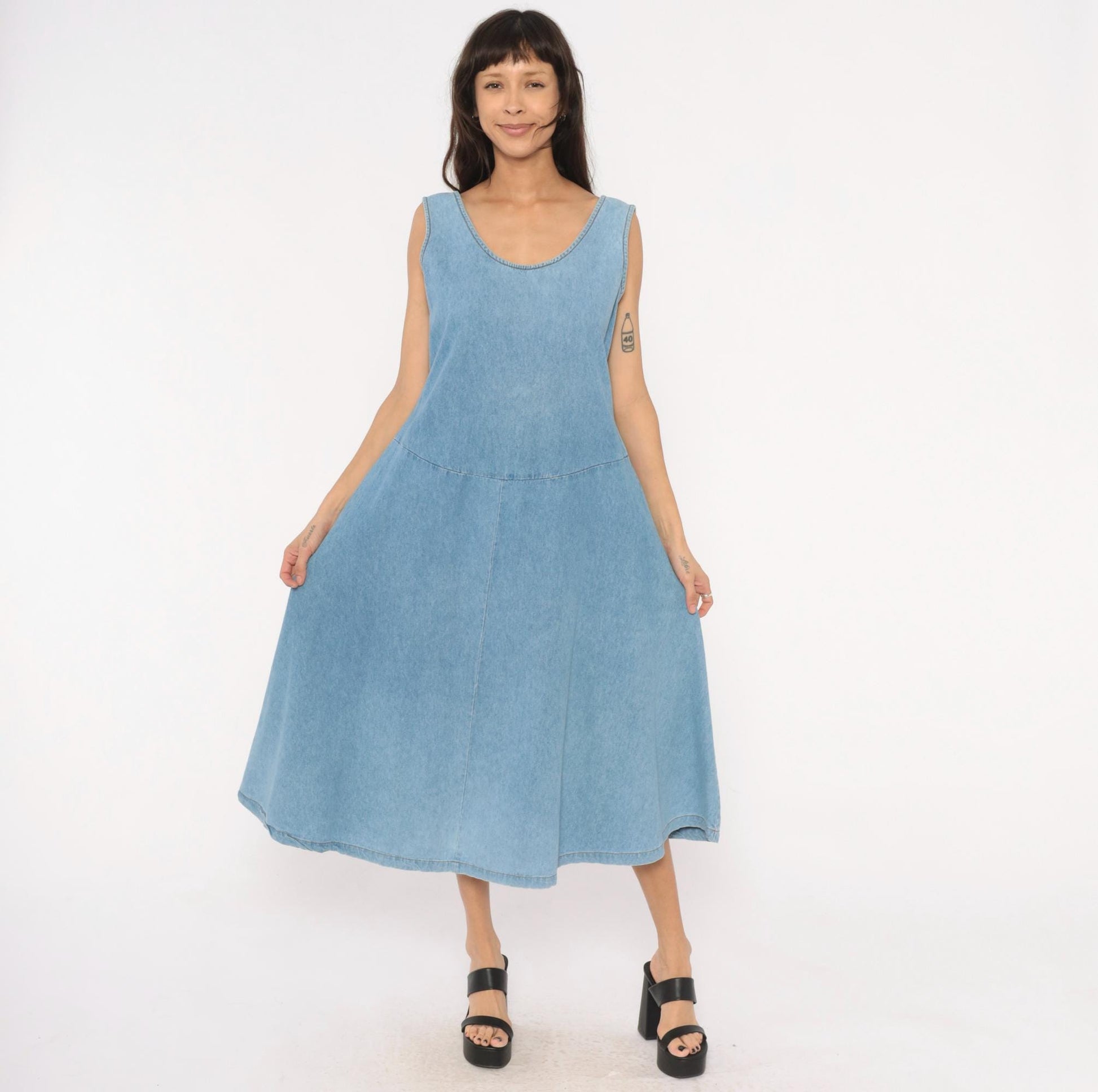 90s Splendid Light Blue Denim Midi Sundress Open Back Medium M