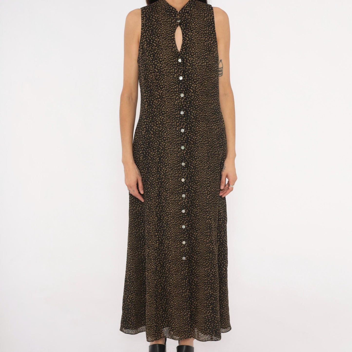 90s David Warren New York Maxi Dress Mandarin Collar Keyhole Black Tan Spotted Large L