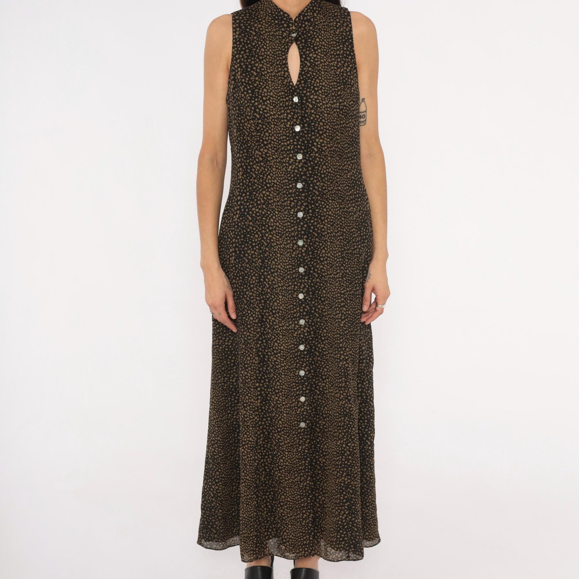 90s David Warren New York Maxi Dress Mandarin Collar Keyhole Black Tan Spotted Large L