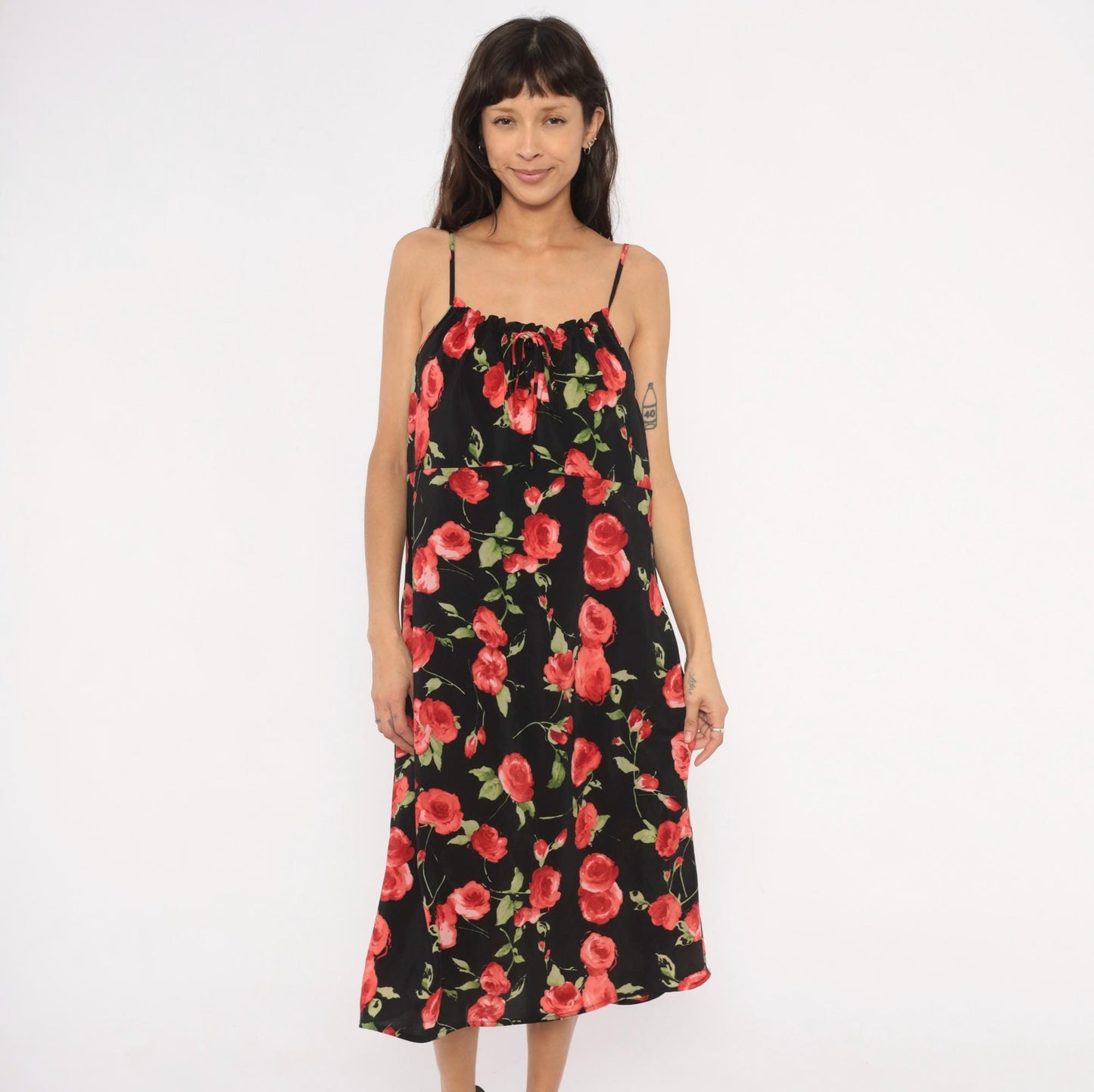 90s Chesley Rose Print Slip Dress Black Midi Spaghetti Strap Open Back Extra Large