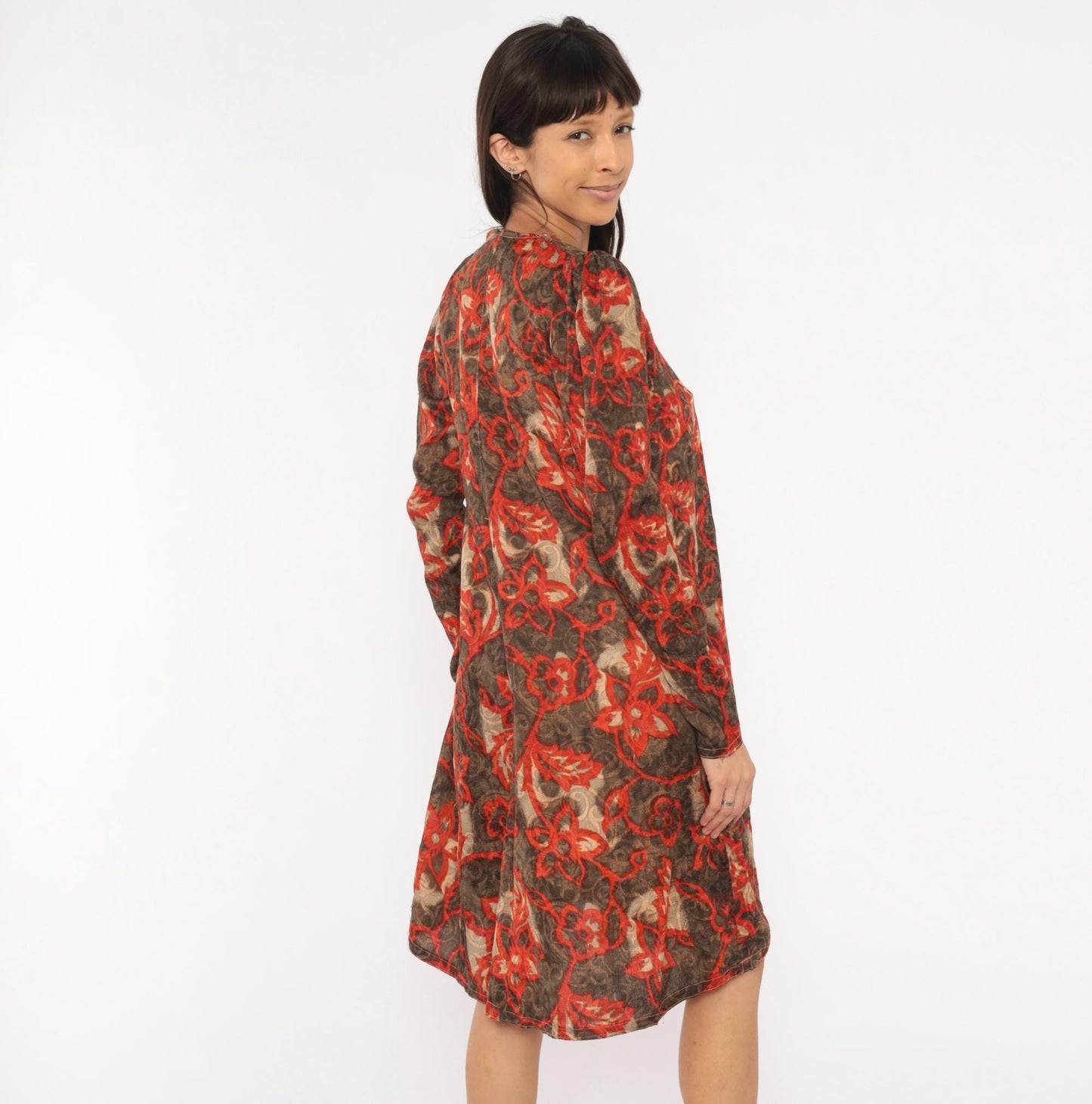 90s Floral Vine Dress Red Brown Scrolling Leaf Print V Neck Puff Shoulder Small S