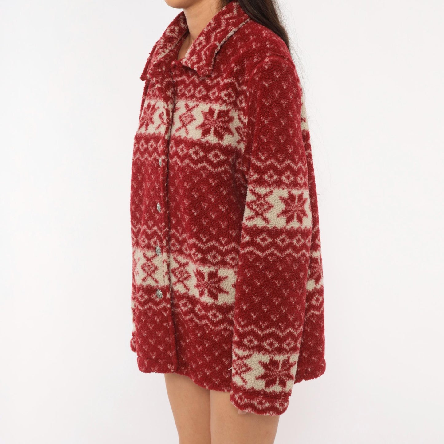 90s White Stag Nordic Fleece Shacket Cranberry Snowflake Fair Isle Large L