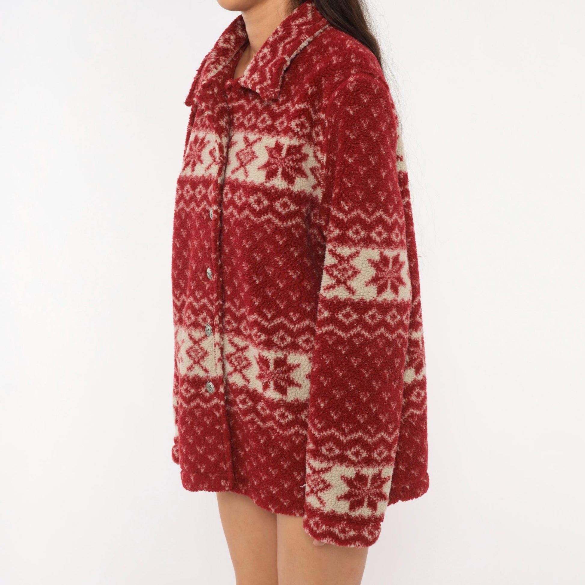 90s White Stag Nordic Fleece Shacket Cranberry Snowflake Fair Isle Large L