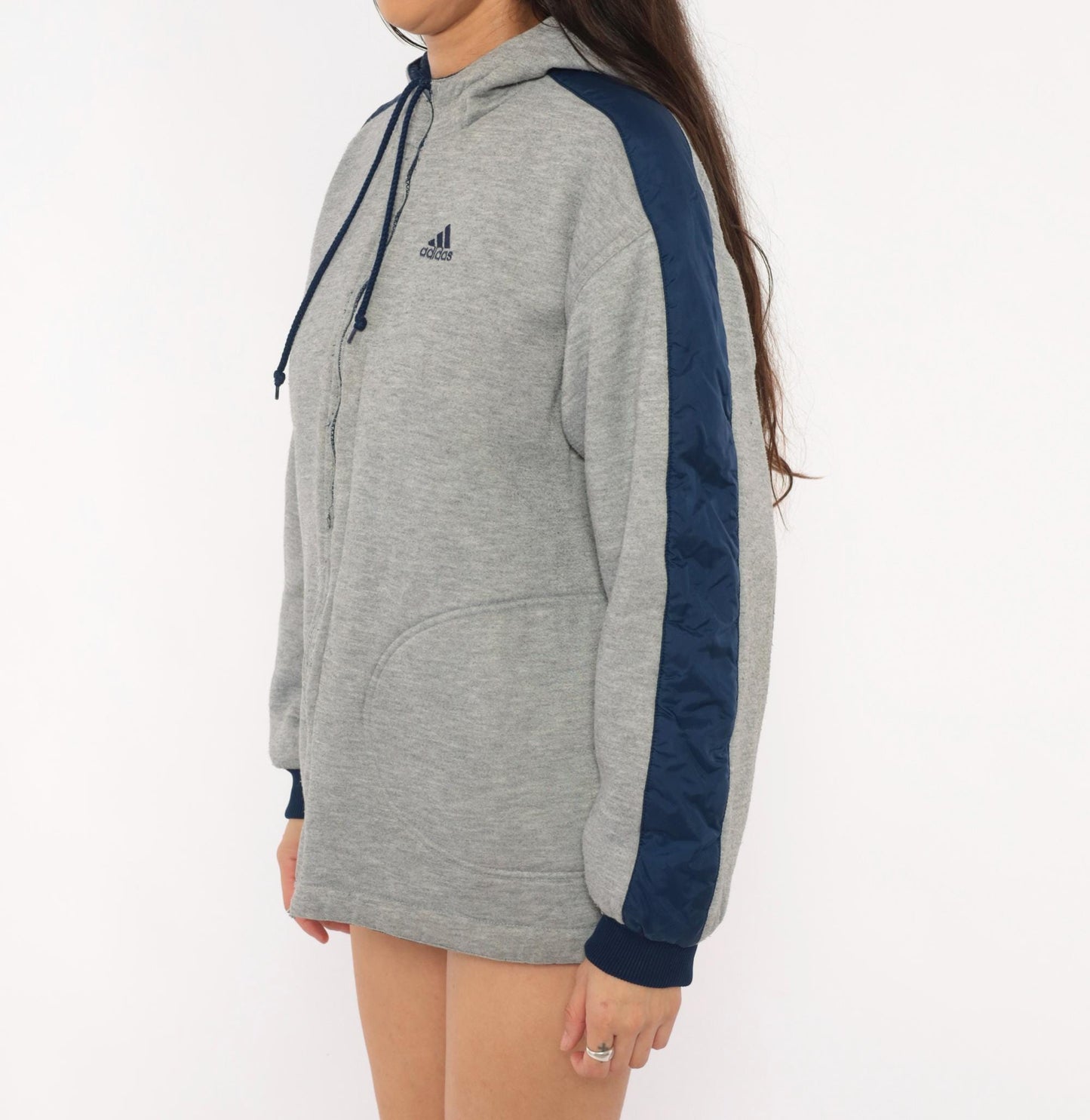 90s Adidas Reversible Windbreaker Hoodie Navy Grey Three Stripe Jacket Large L