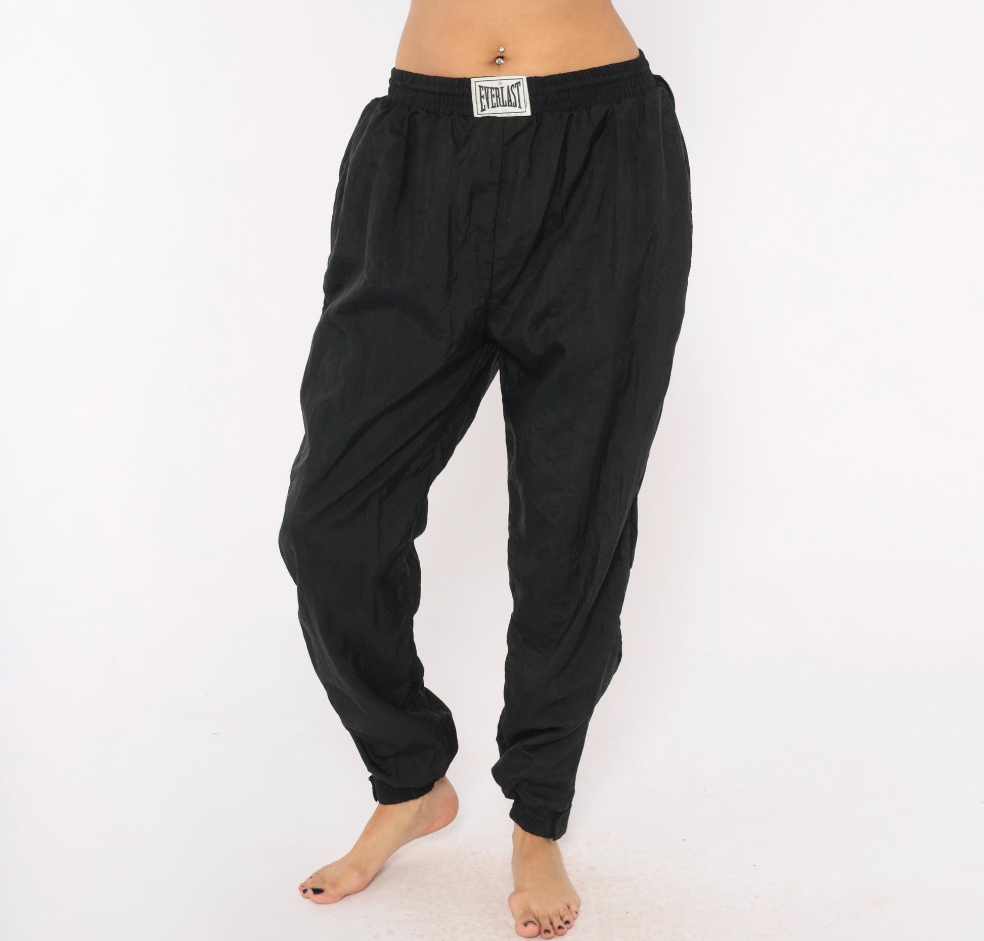 90s Everlast Black Nylon Track Pants Tapered Ankle Zip Medium M