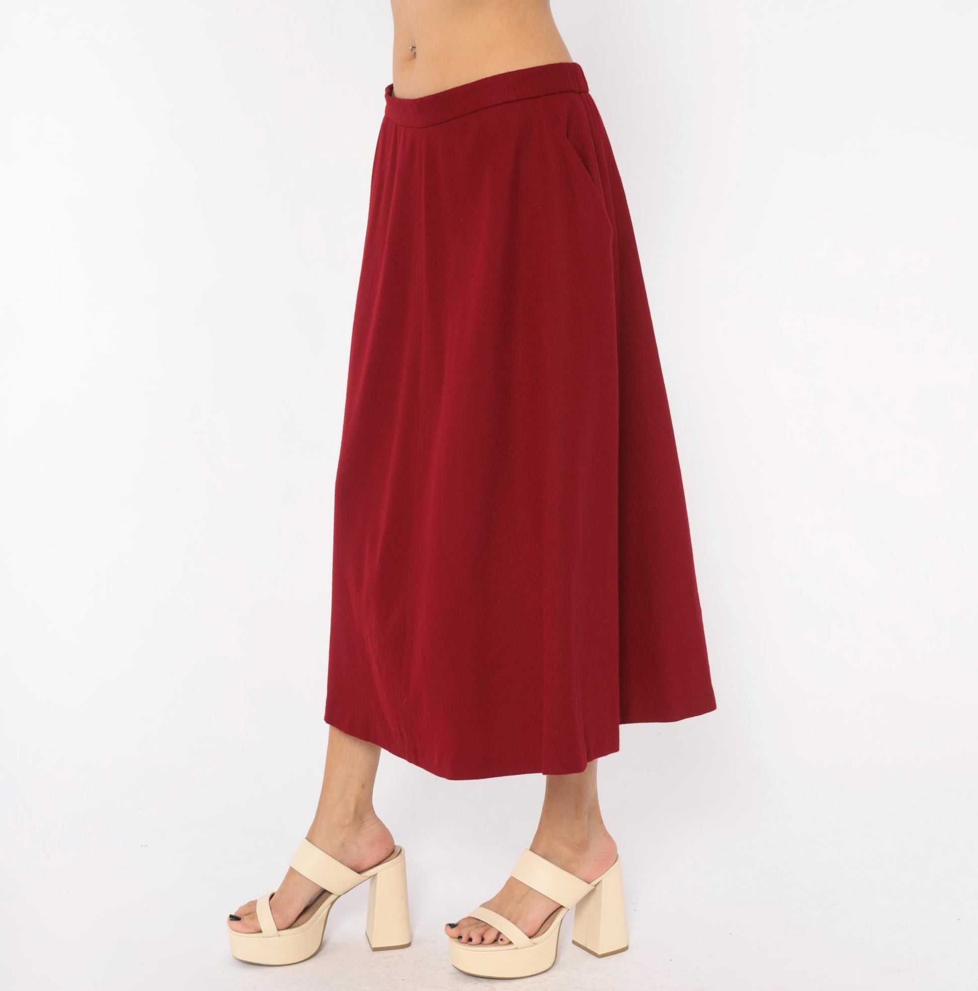 80s Koret Burgundy Wool Midi Skirt A-Line High Waist Large L