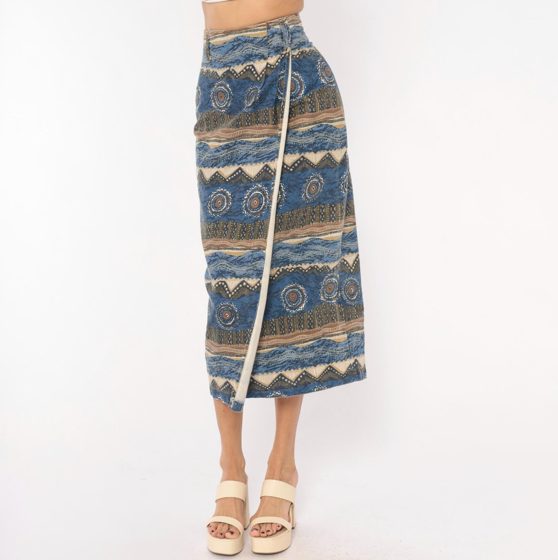 90s Southwestern Tribal Midi Skirt Blue Cream Cotton High Waist Wrap Small