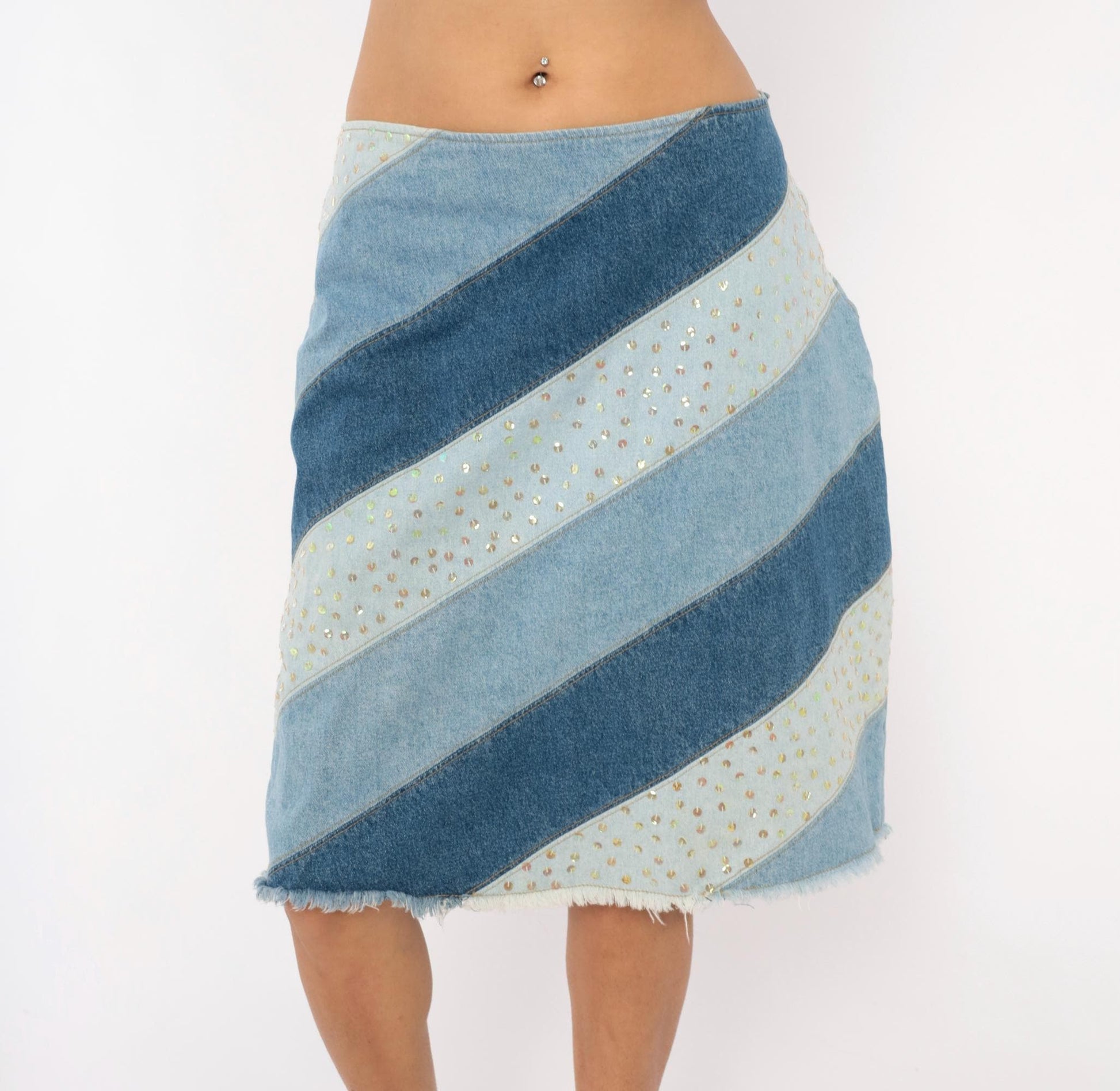 Y2K Avenue Blues Patchwork Denim Skirt Sequin Embellished Knee Length Extra Large