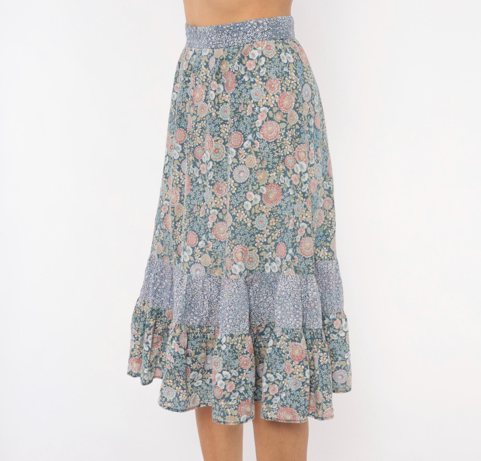 70s Floral Prairie Skirt Cotton Tiered Ruffle Dusty Blue Pink Extra Small XS