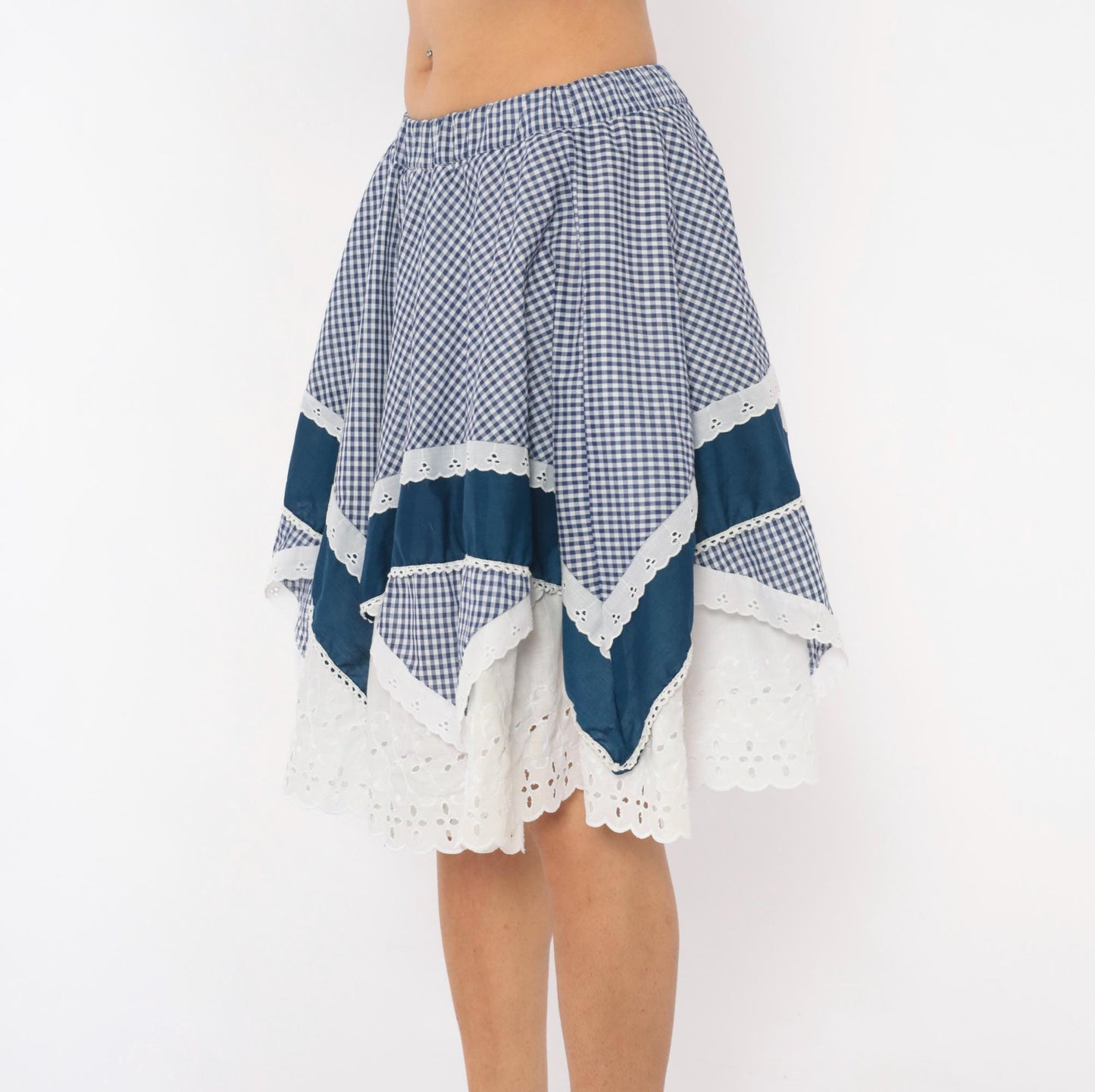 80s Jeri Bee Gingham Circle Skirt Blue White Eyelet Lace Trim Small