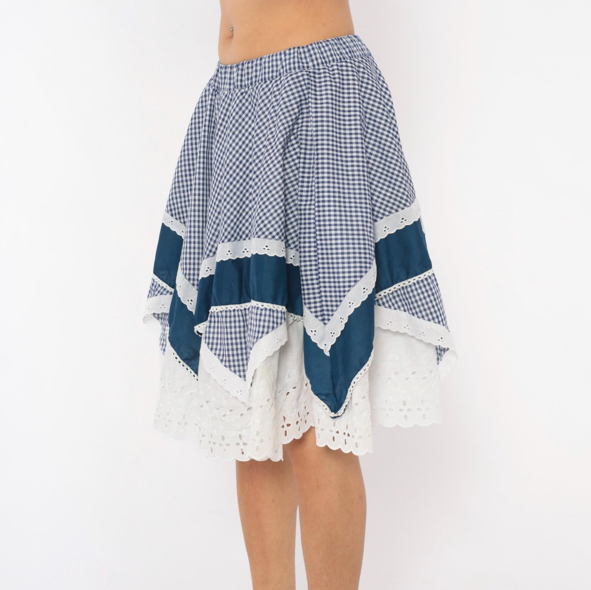 80s Jeri Bee Gingham Circle Skirt Blue White Eyelet Lace Trim Small