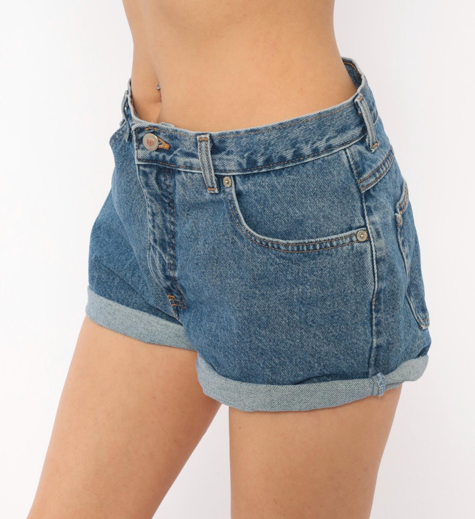 90s LondonJean Denim Shorts Cuffed Low Rise Blue Cotton Medium M