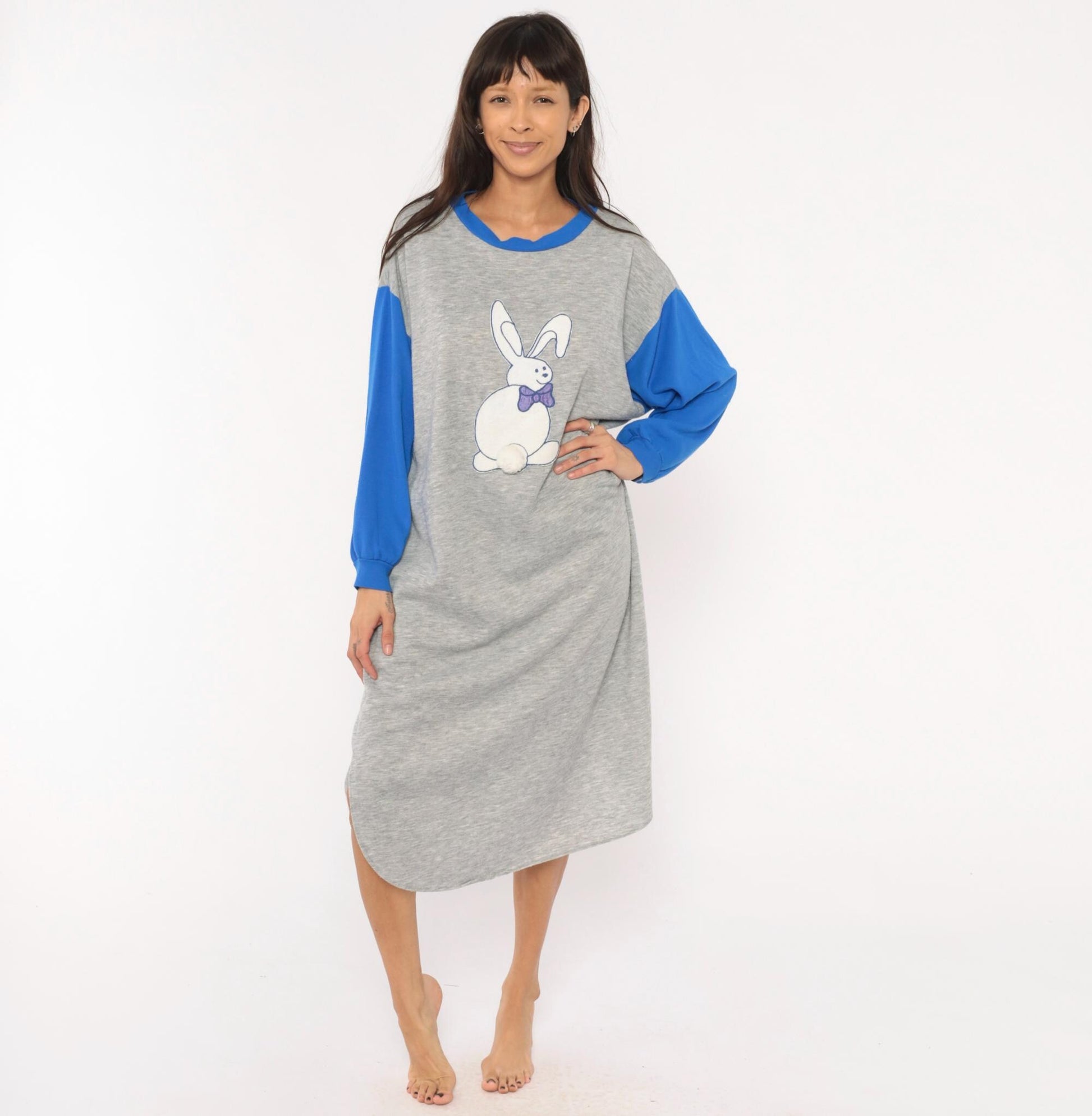 80s Kimberly Laine Bunny Applique Nightgown Grey Blue Colorblock Midi Large L