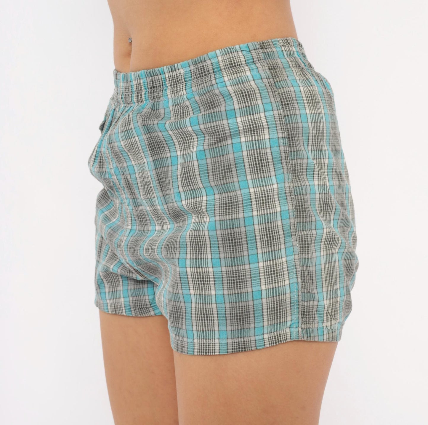 70s Plaid Beach Shorts Blue Checkered Gingham Mini Drawstring XS