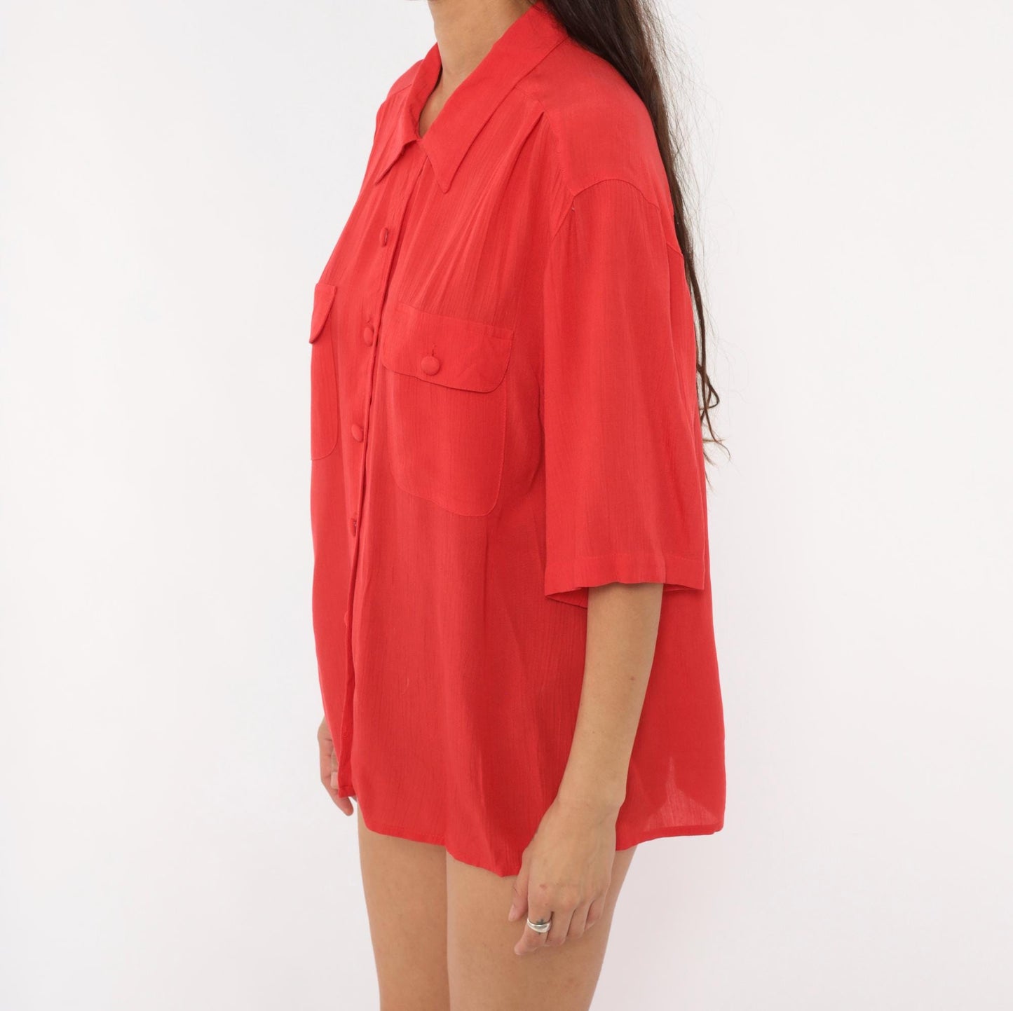 90s Sk&Company Red Cotton Camp Shirt Button Front Collared Large L