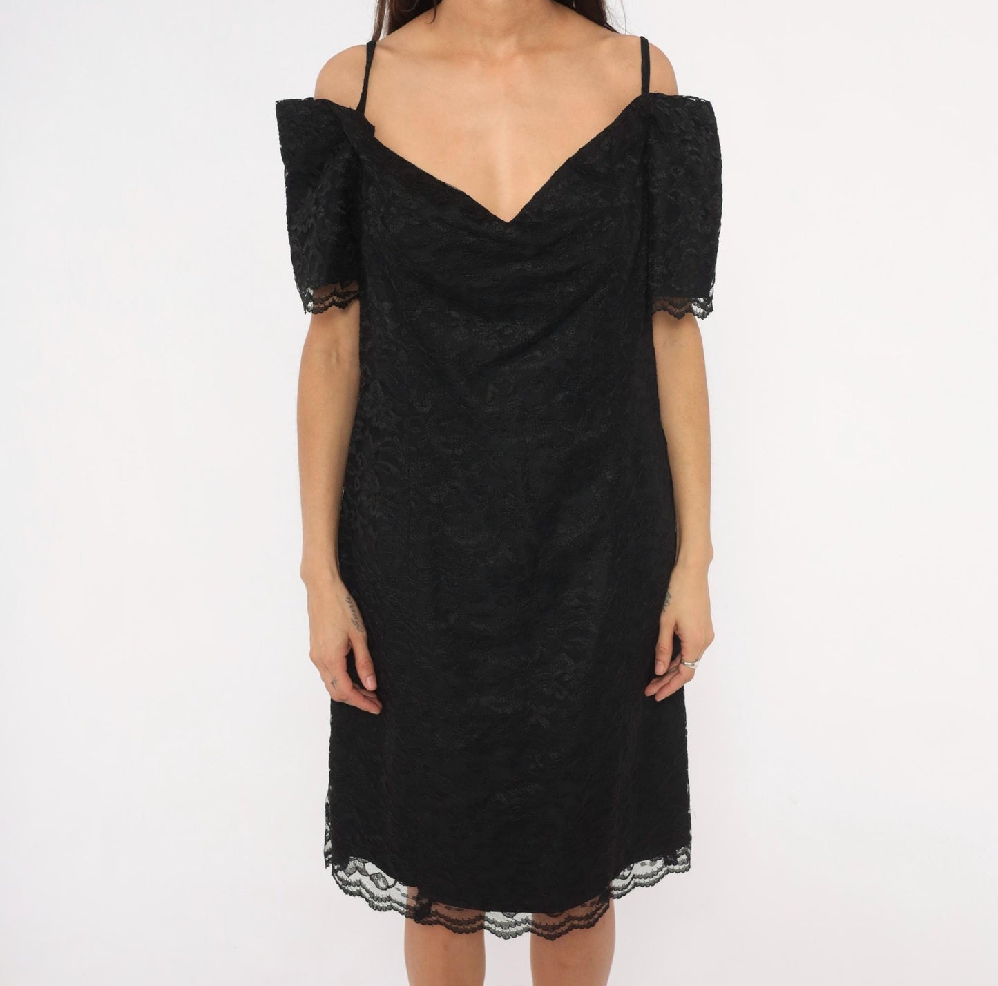 90s Victoria Stephens Black Lace Cold Shoulder Dress Knee Length Large L