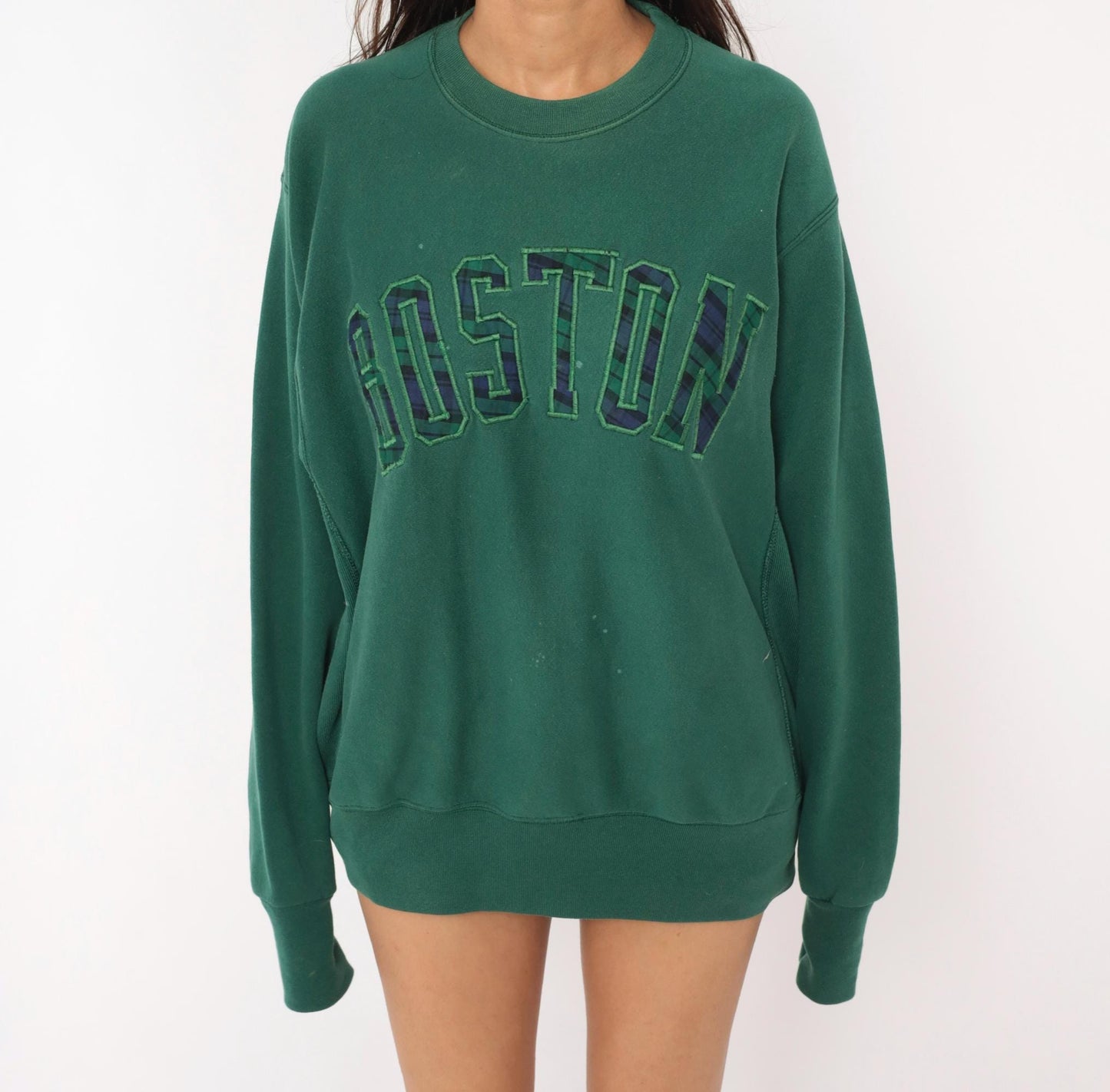 90s Boston Crewneck Sweatshirt Plaid Applique Forest Green Extra Large XL